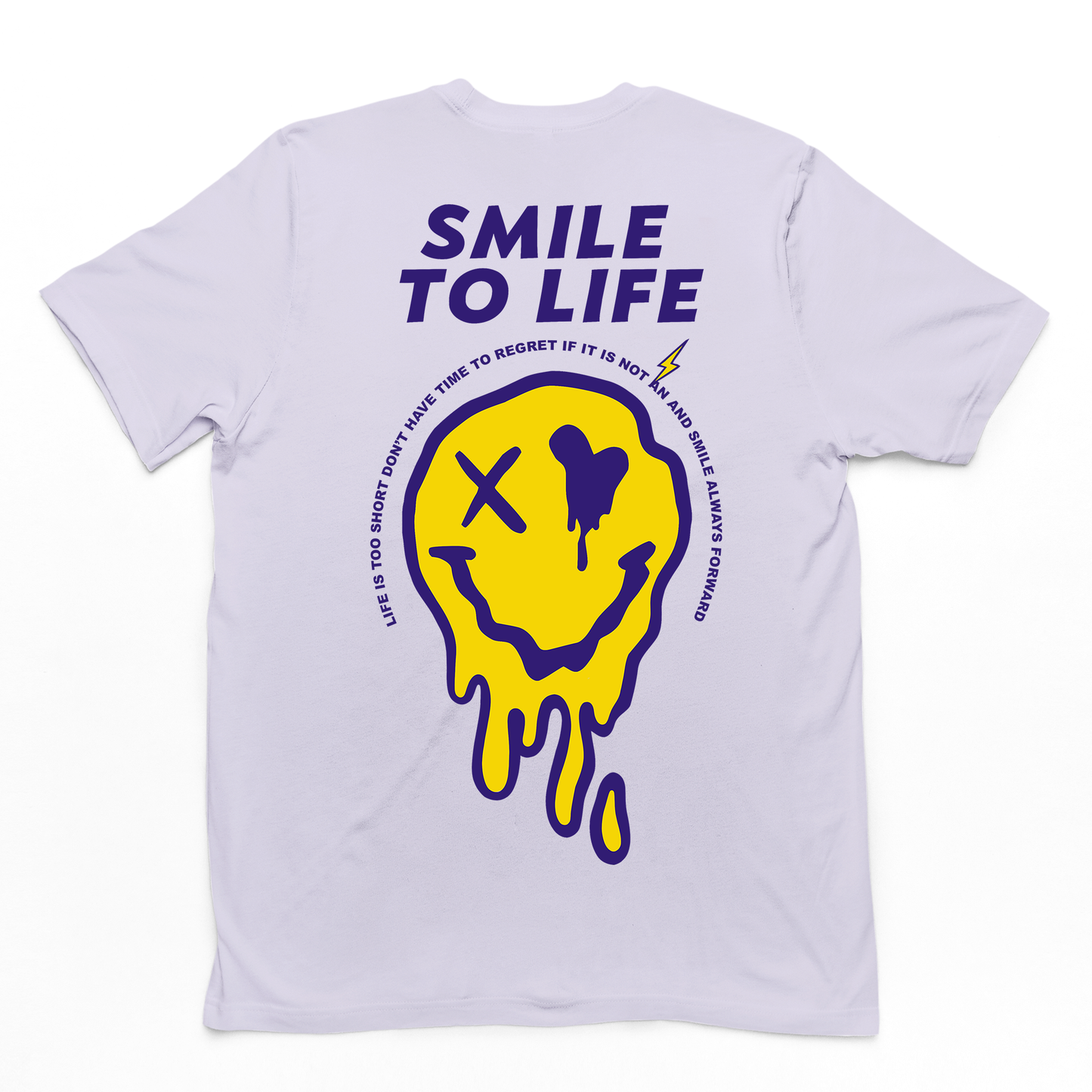 Camiseta masculina lilás costas com estampa rosto derretido smile