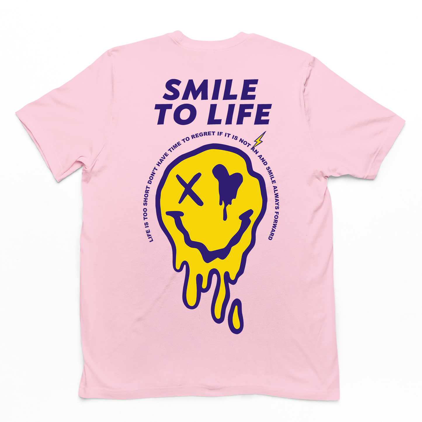 Camiseta masculina rosa bebê costas com estampa rosto derretido smile