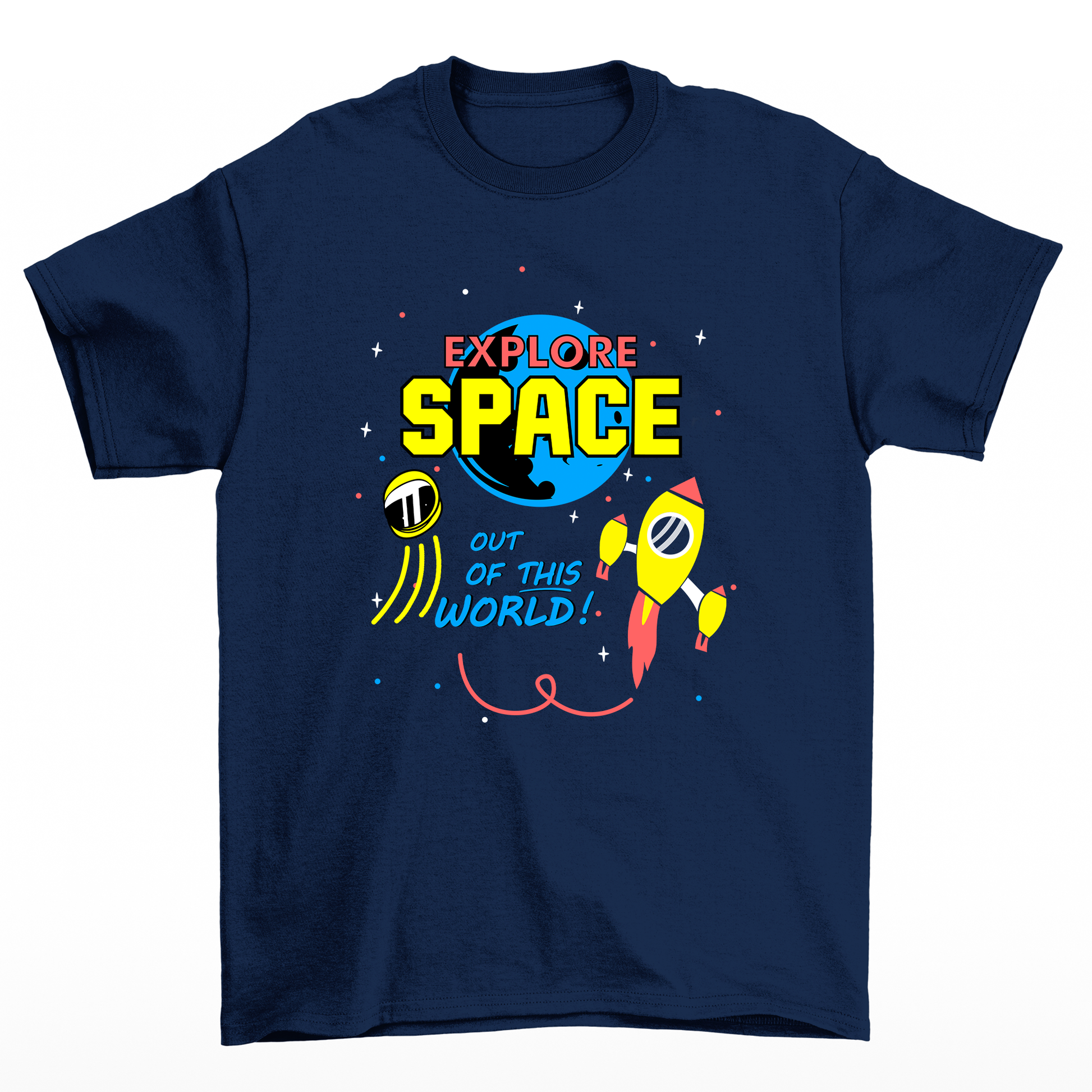 camiseta básica azul marinho estampa de explore space