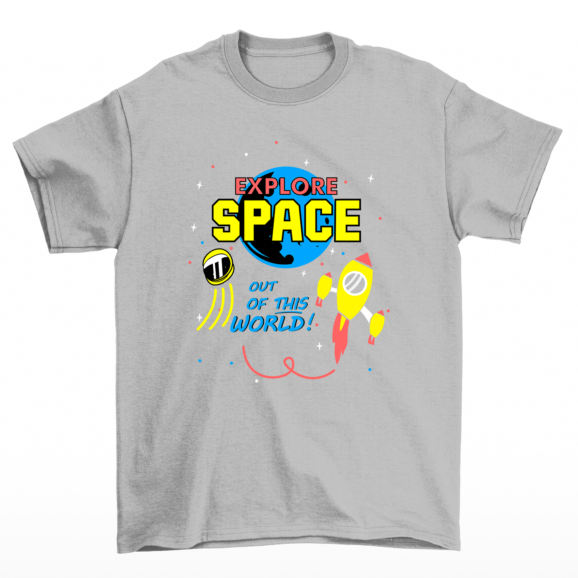 camiseta básica cinza estampa de explore space