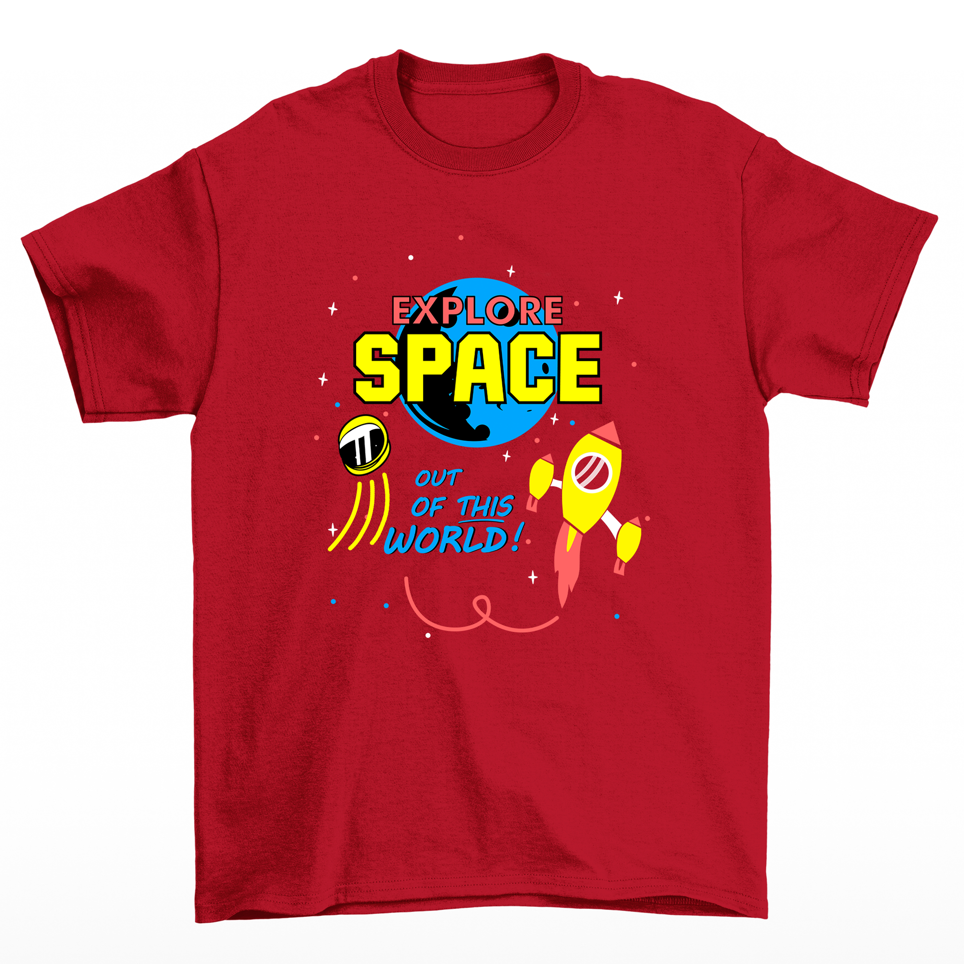 camiseta básica vermelha estampa de explore space