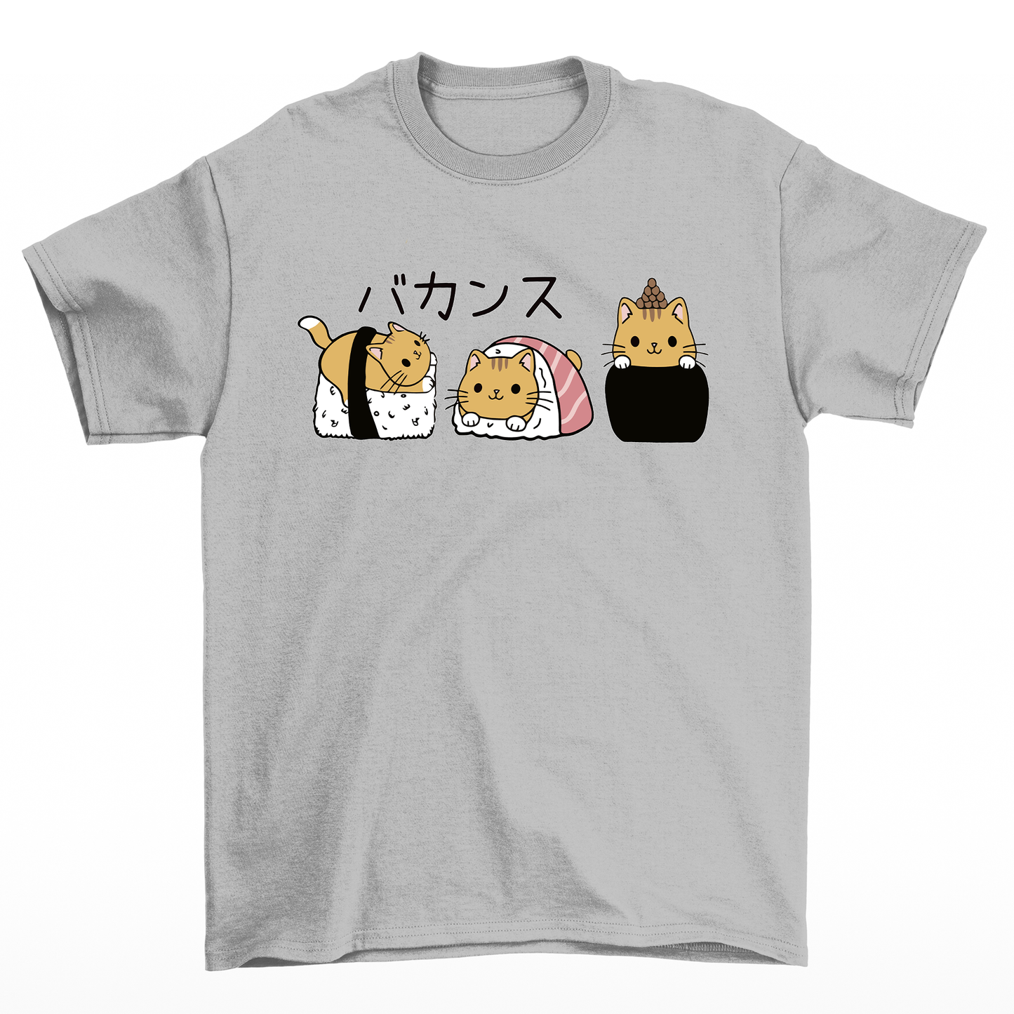 Camiseta Básica Com Estampa sushi Gato- cinza