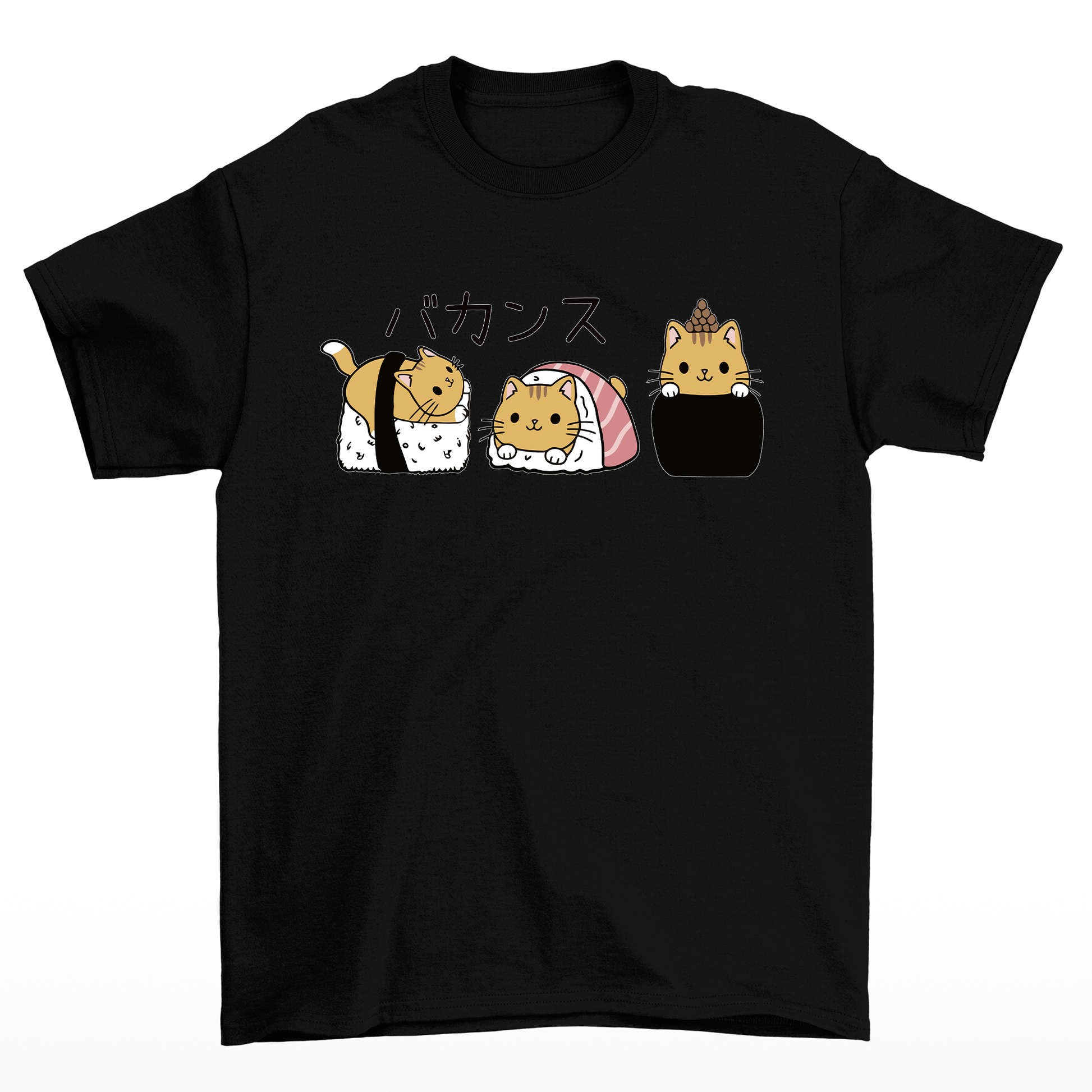 Camiseta Básica Com Estampa sushi Gato- pRETO