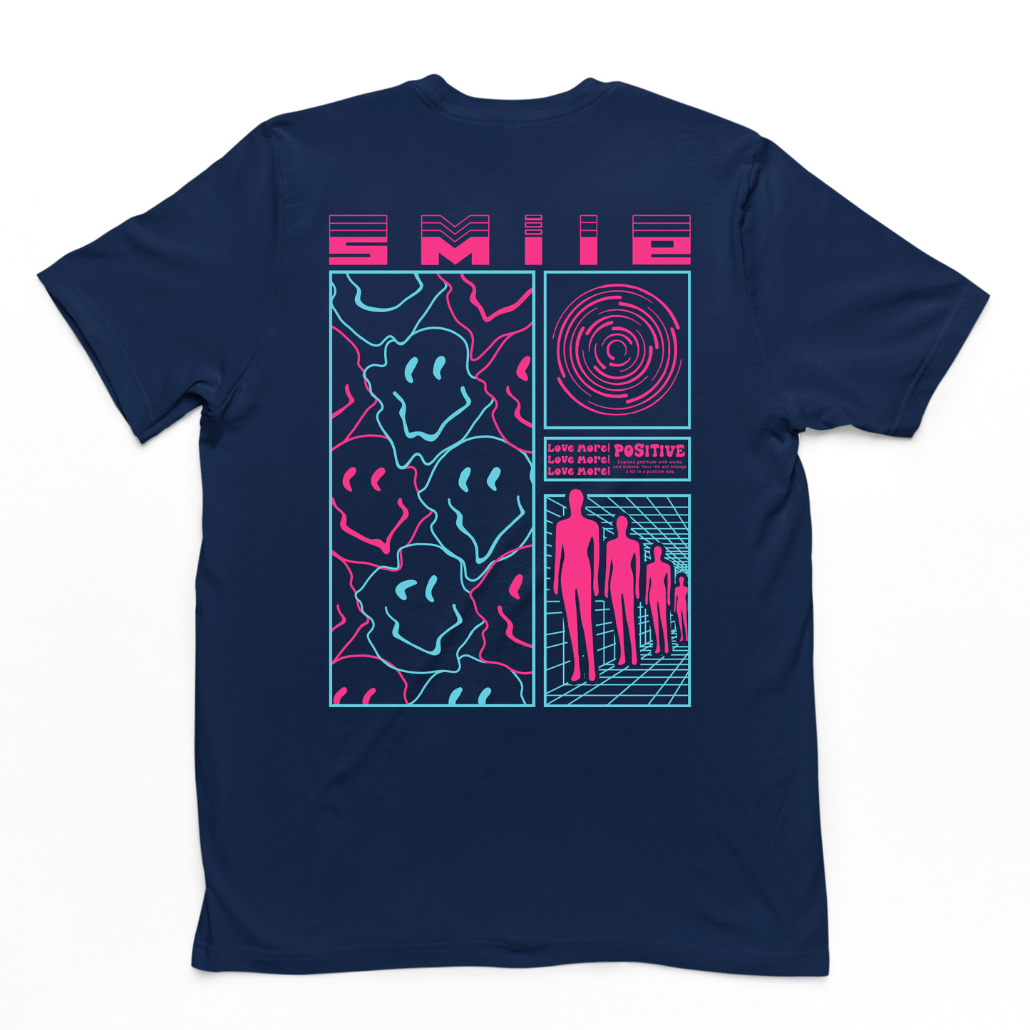 Camiseta streetwear básica azul marinho costas com uma estampa escrito "smile e rosto feliz" na cor rosa pink com fundo branco