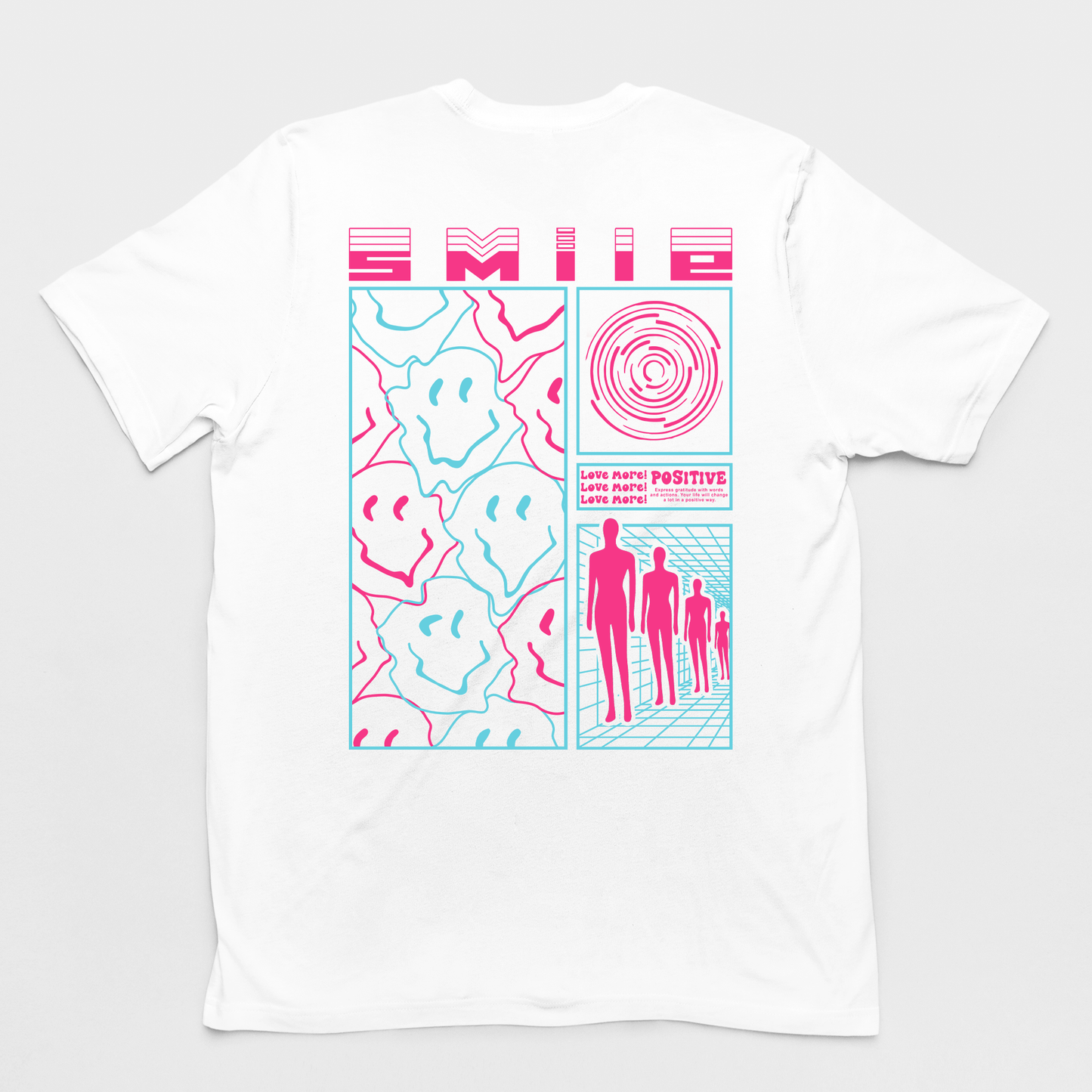 Camiseta streetwear básica branca costas com uma estampa escrito "smile e rosto feliz" na cor rosa pink com fundo branco