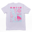 Camiseta streetwear básica lilás costas com uma estampa escrito "smile e rosto feliz" na cor rosa pink com fundo branco