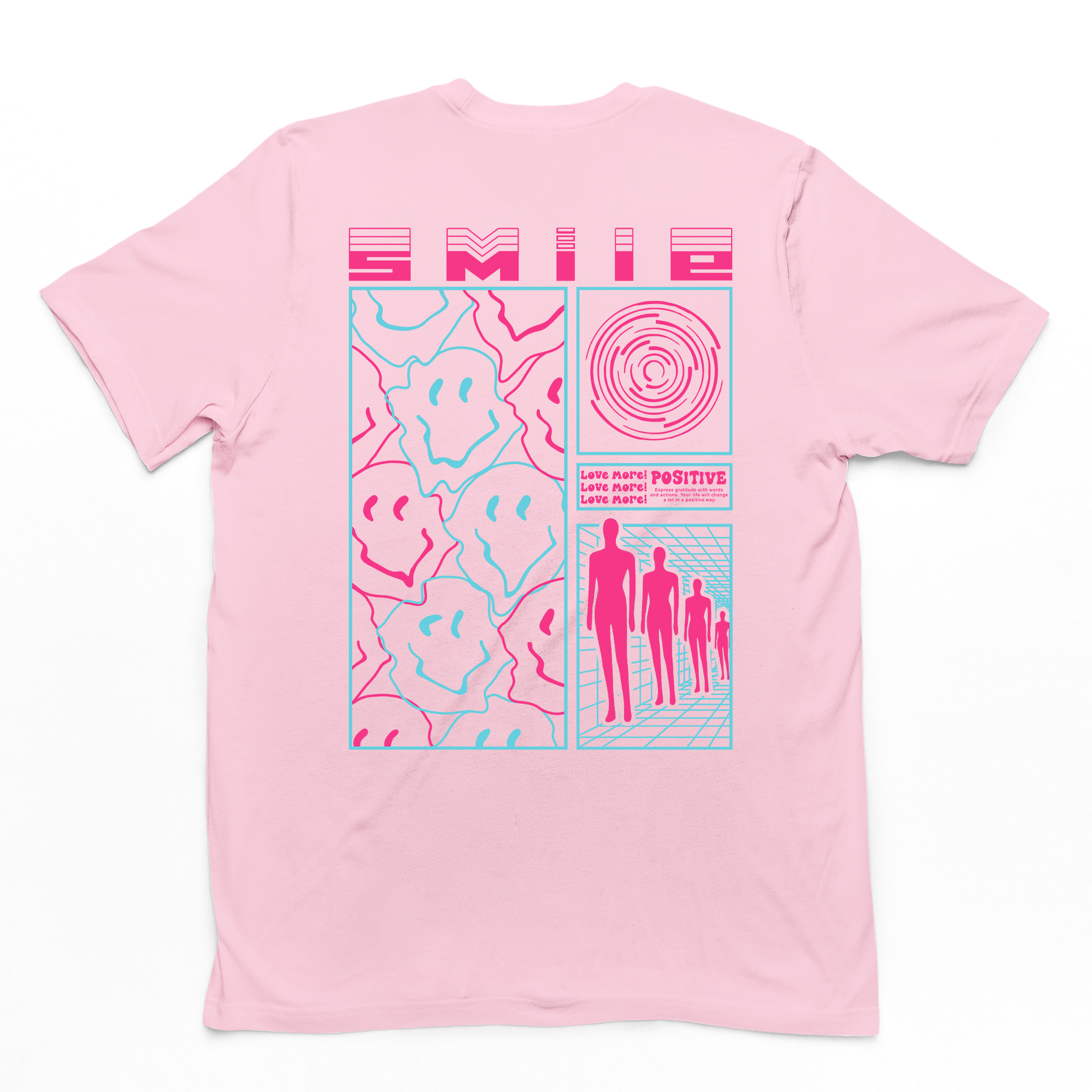 Camiseta streetwear básica rosa bebê costas com uma estampa escrito "smile e rosto feliz" na cor rosa pink com fundo branco