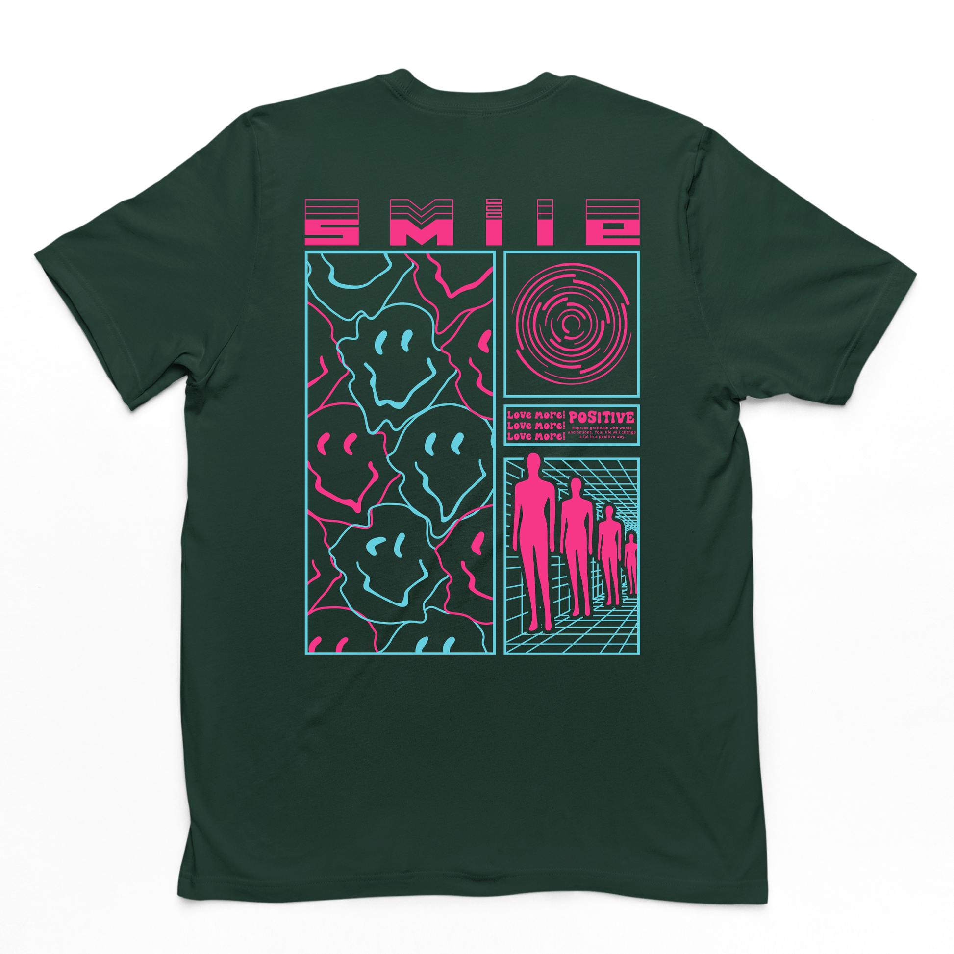 Camiseta streetwear básica verde costas com uma estampa escrito "smile e rosto feliz" na cor rosa pink com fundo branco