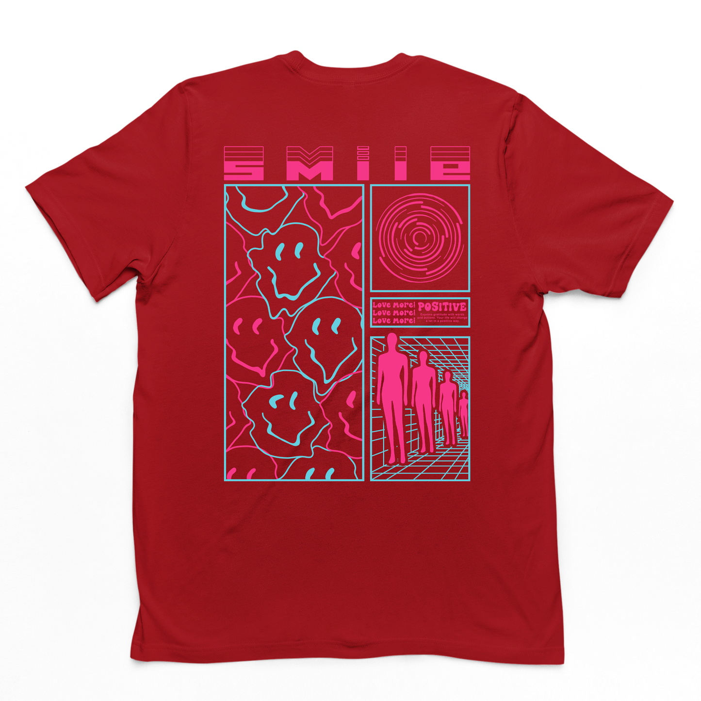 Camiseta streetwear básica vermelha costas com uma estampa escrito "smile e rosto feliz" na cor rosa pink com fundo branco