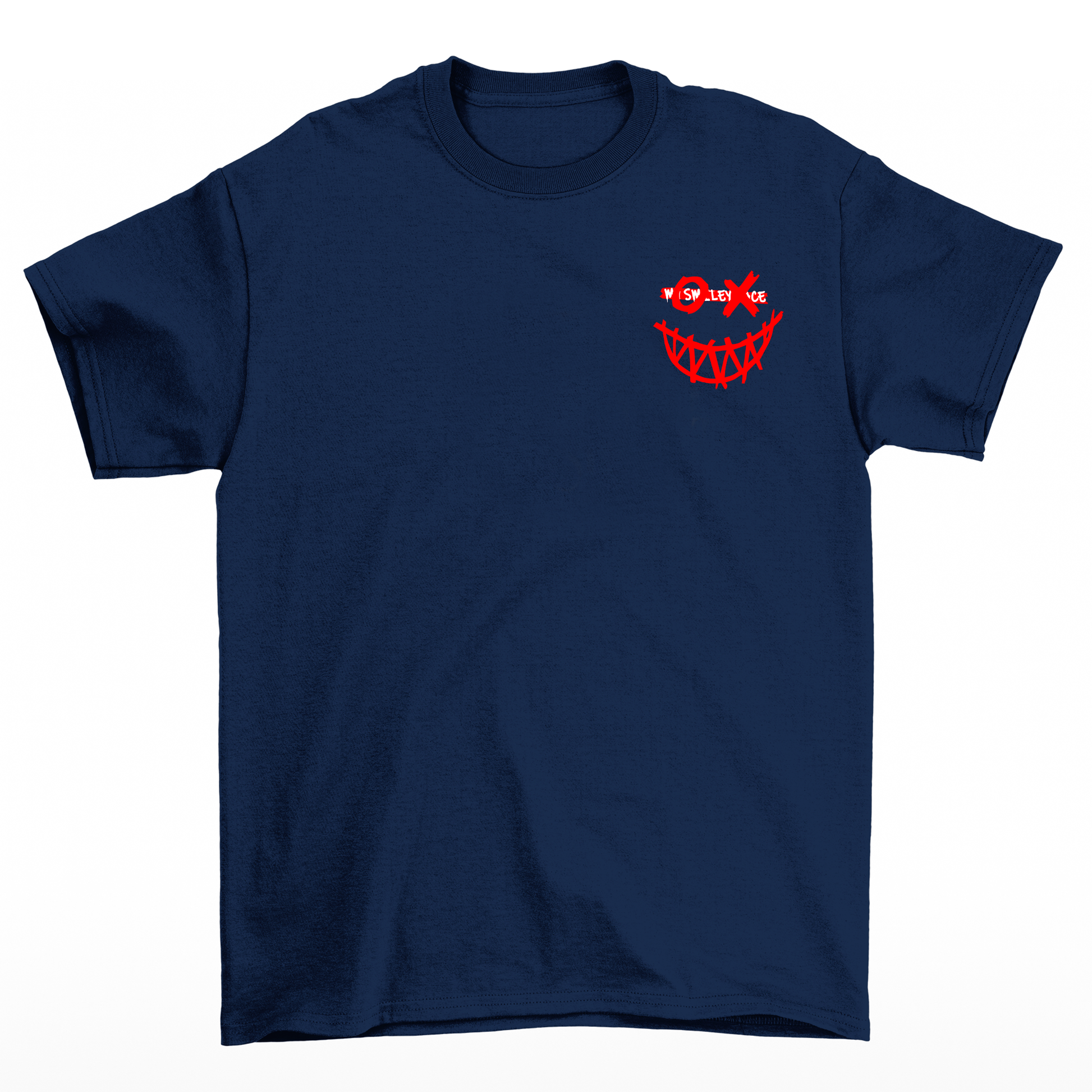 camiseta masculina azul marinho com estampa OX sorriso vermelho