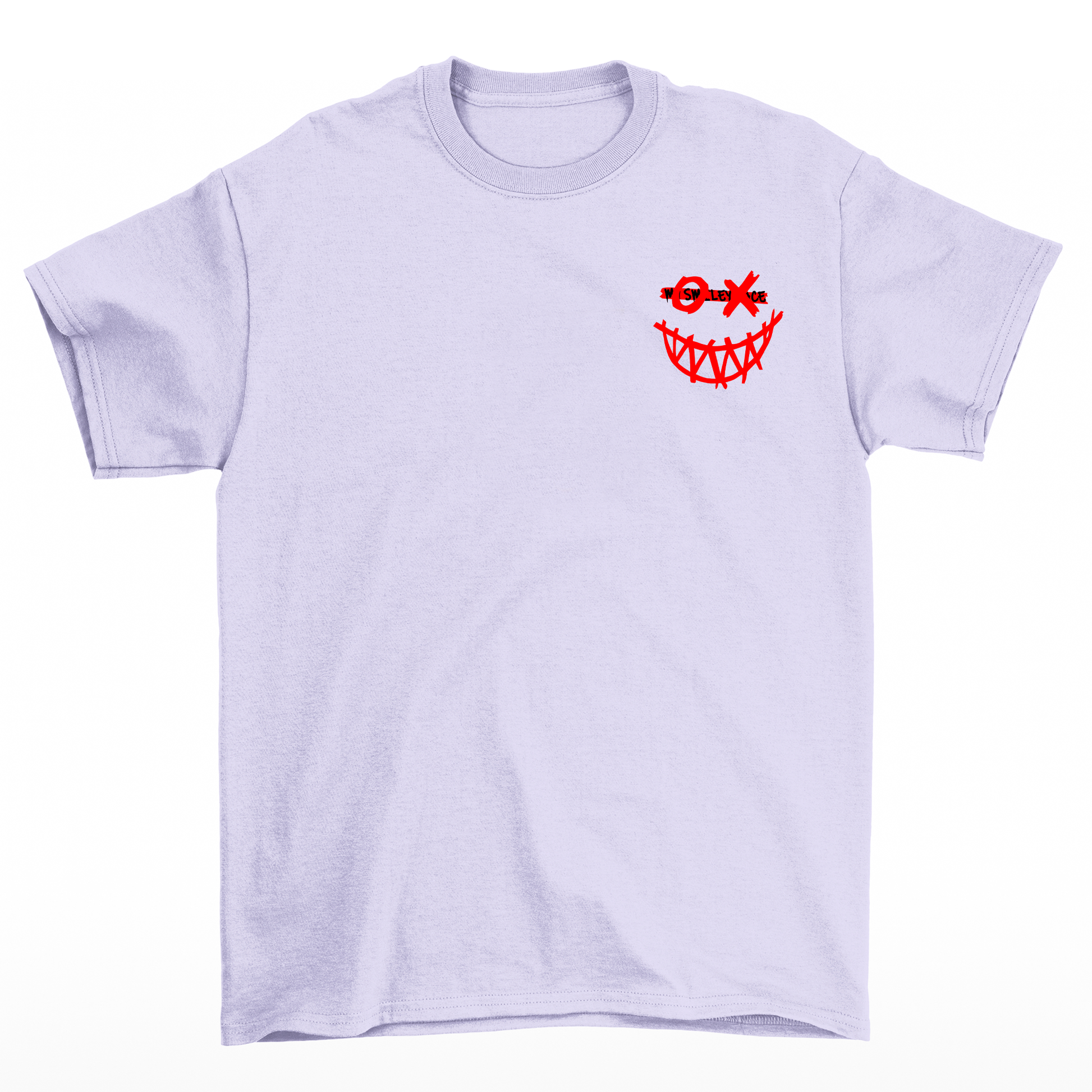 camiseta masculina lilás com estampa OX sorriso vermelho