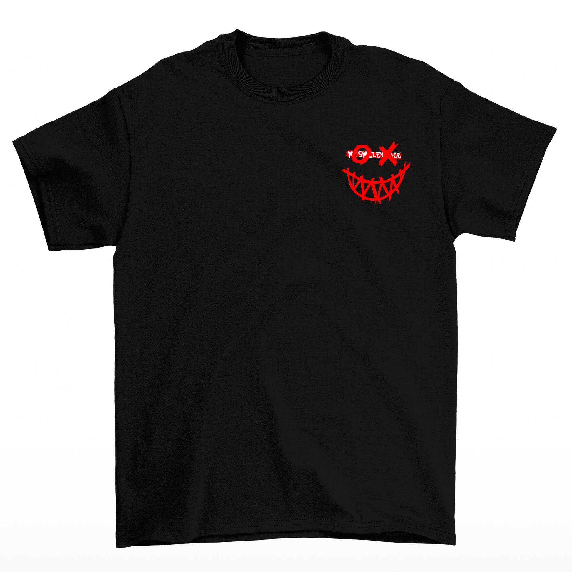 camiseta masculina preto com estampa de OX sorriso vermelho