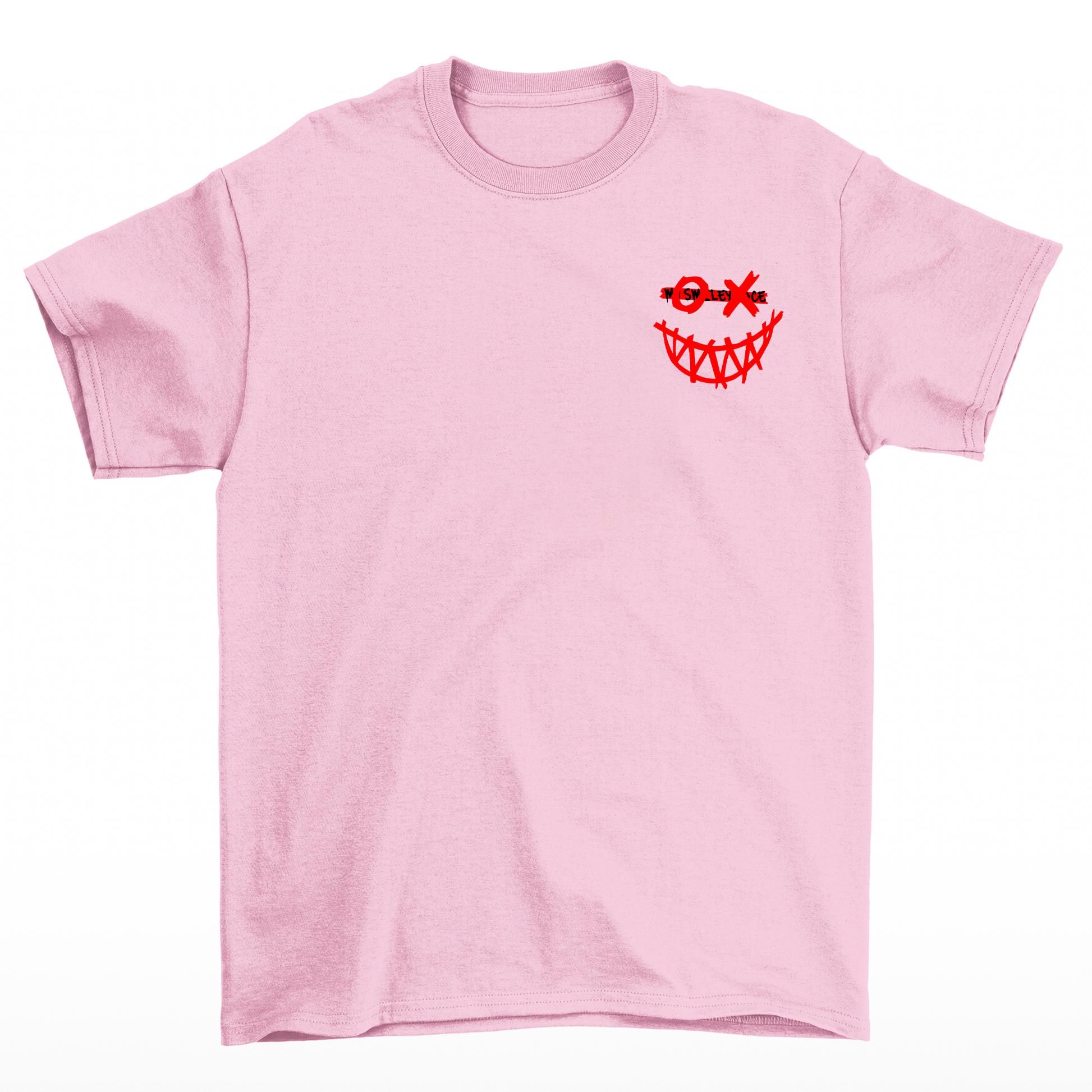 camiseta masculina rosa bebê com estampa de OX sorriso vermelho