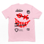 camiseta masculina rosa bebê com estampa nas costas de OX sorriso vermelho