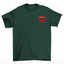 camiseta masculina verde com estampa de OX sorriso vermelho