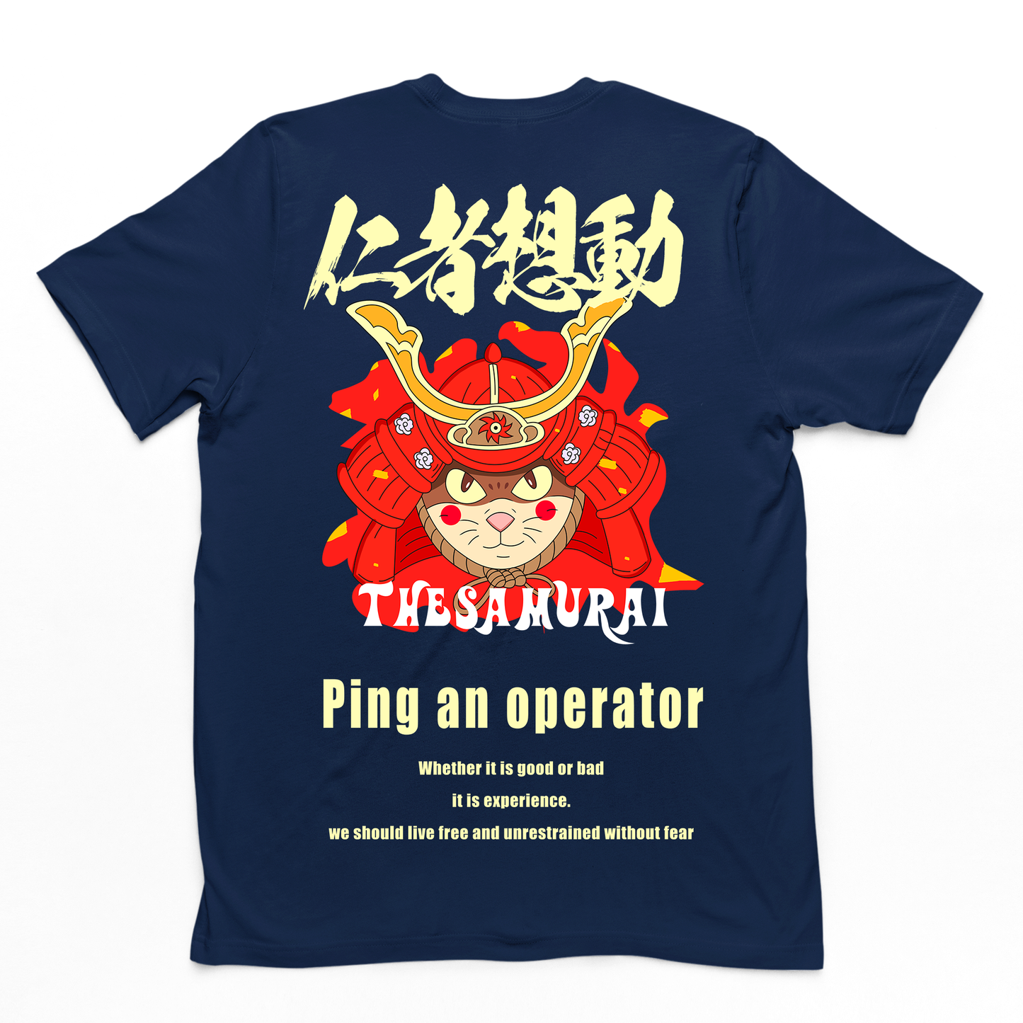 CAmiseta Básica Com Estampa Gatinho Samurai- Azul-marinho