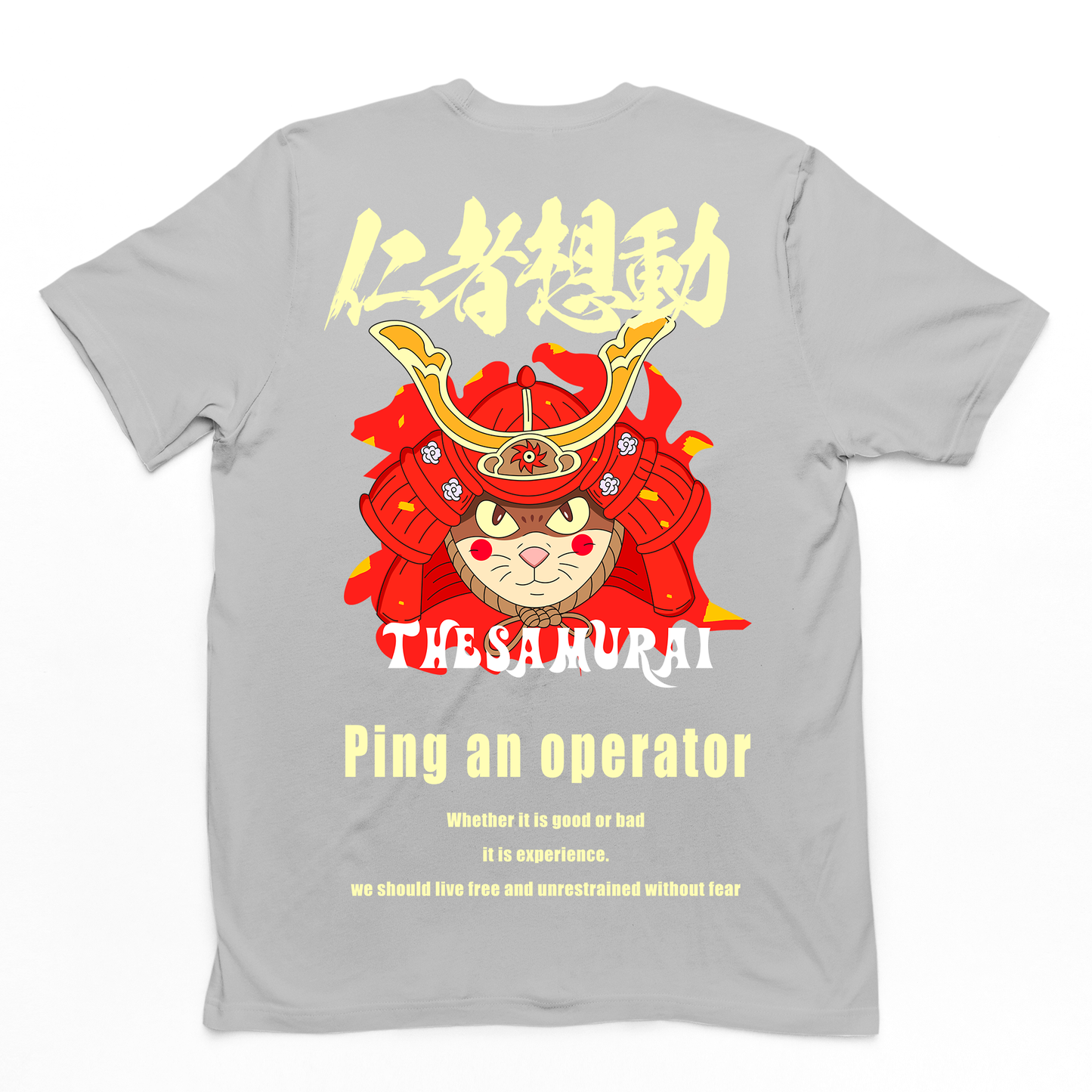 CAmiseta Básica Com Estampa Gatinho Samurai- Cinza