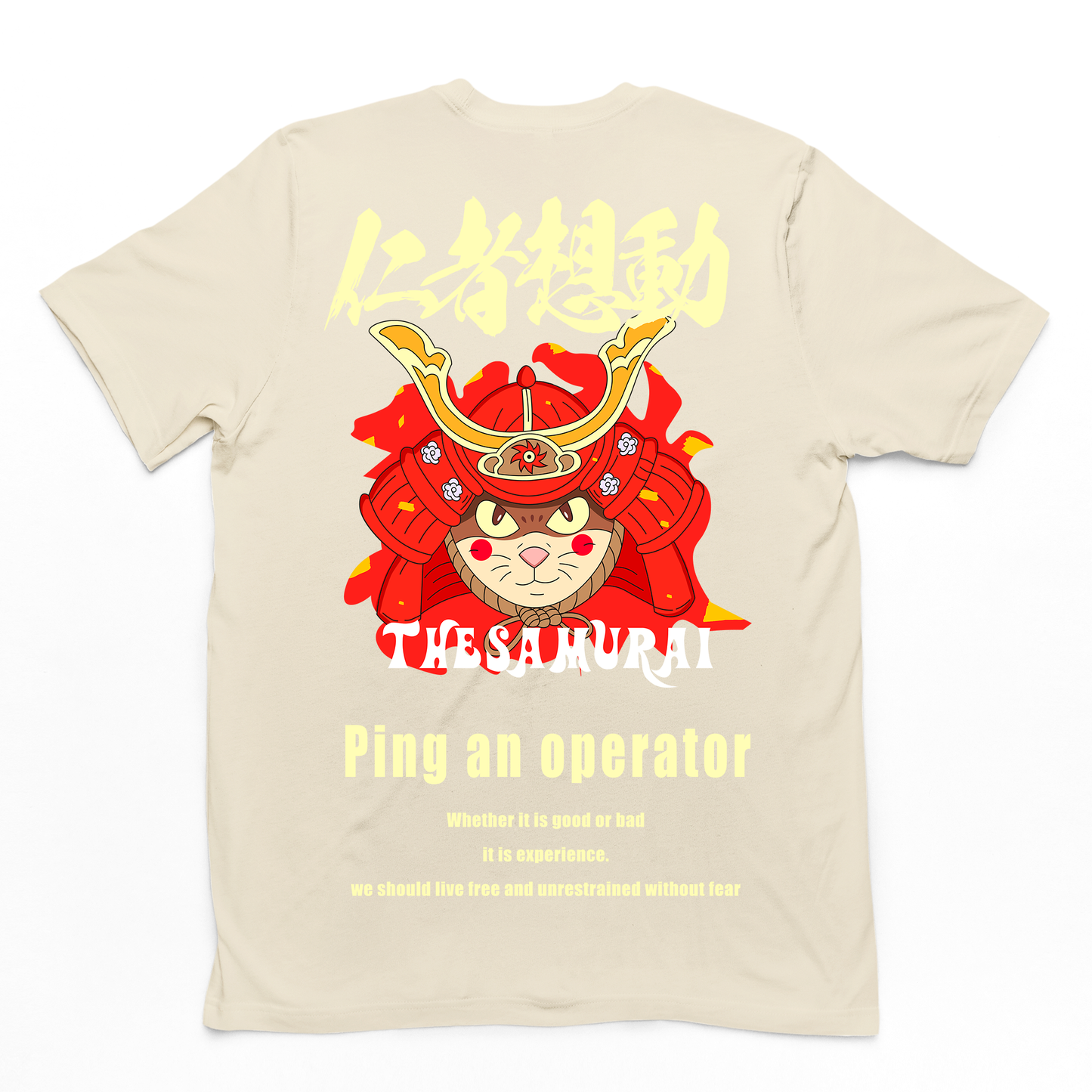 CAmiseta Básica Com Estampa Gatinho Samurai- Pérola