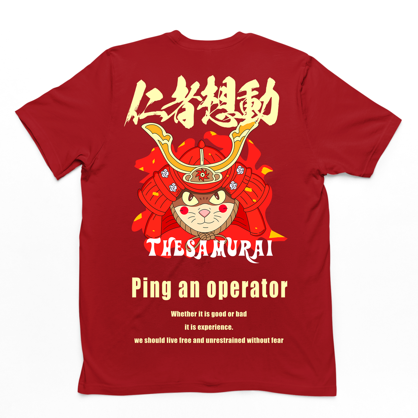 CAmiseta Básica Com Estampa Gatinho Samurai- Vermelho