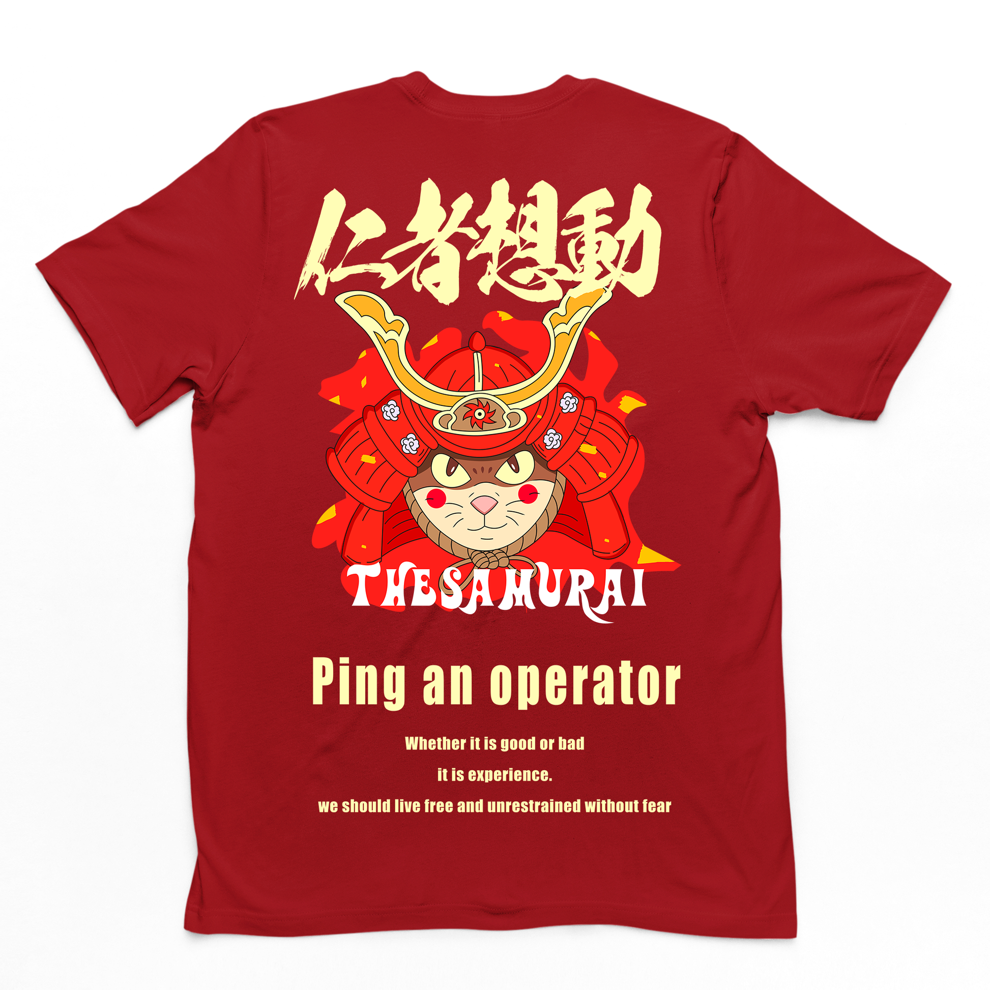 CAmiseta Básica Com Estampa Gatinho Samurai- Vermelho