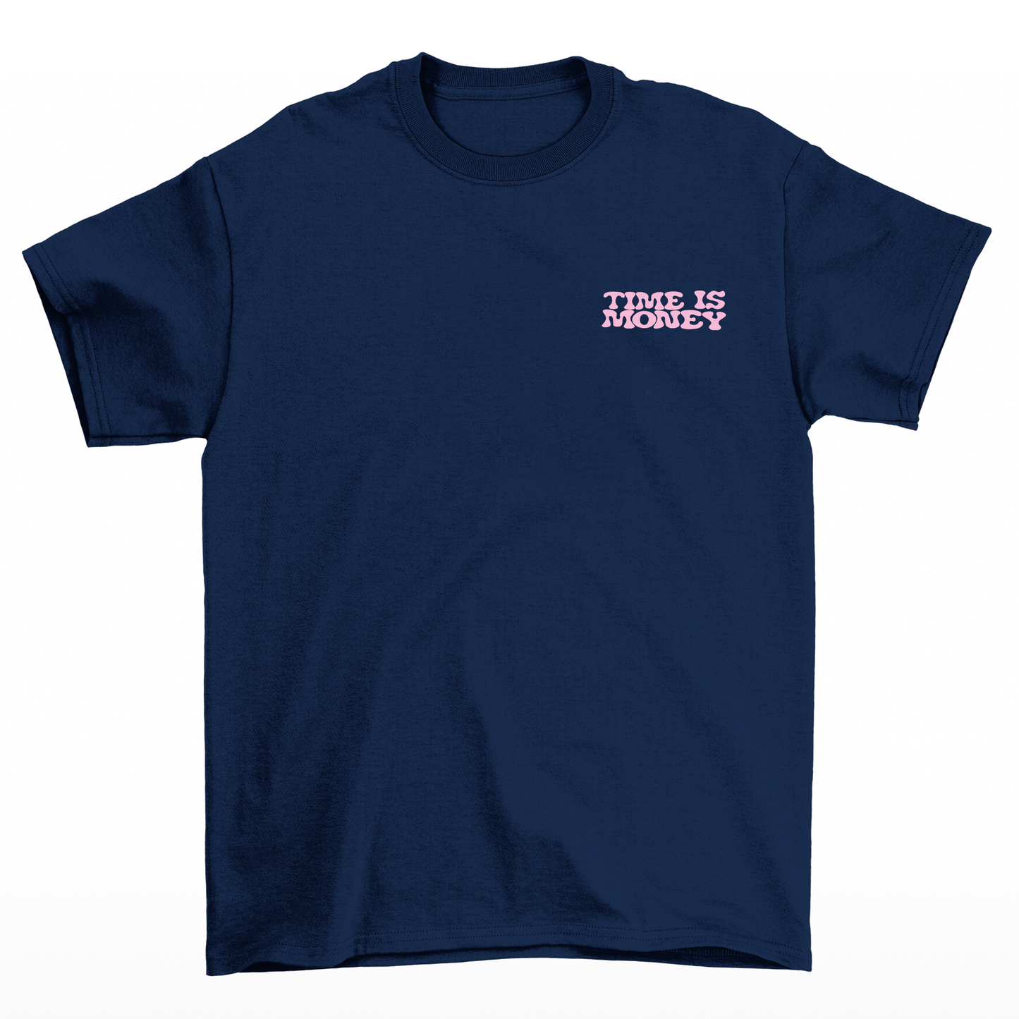 Camiseta Básica azul marinho frente Unissex Com Estampa Tempo É dinheiro Rostos