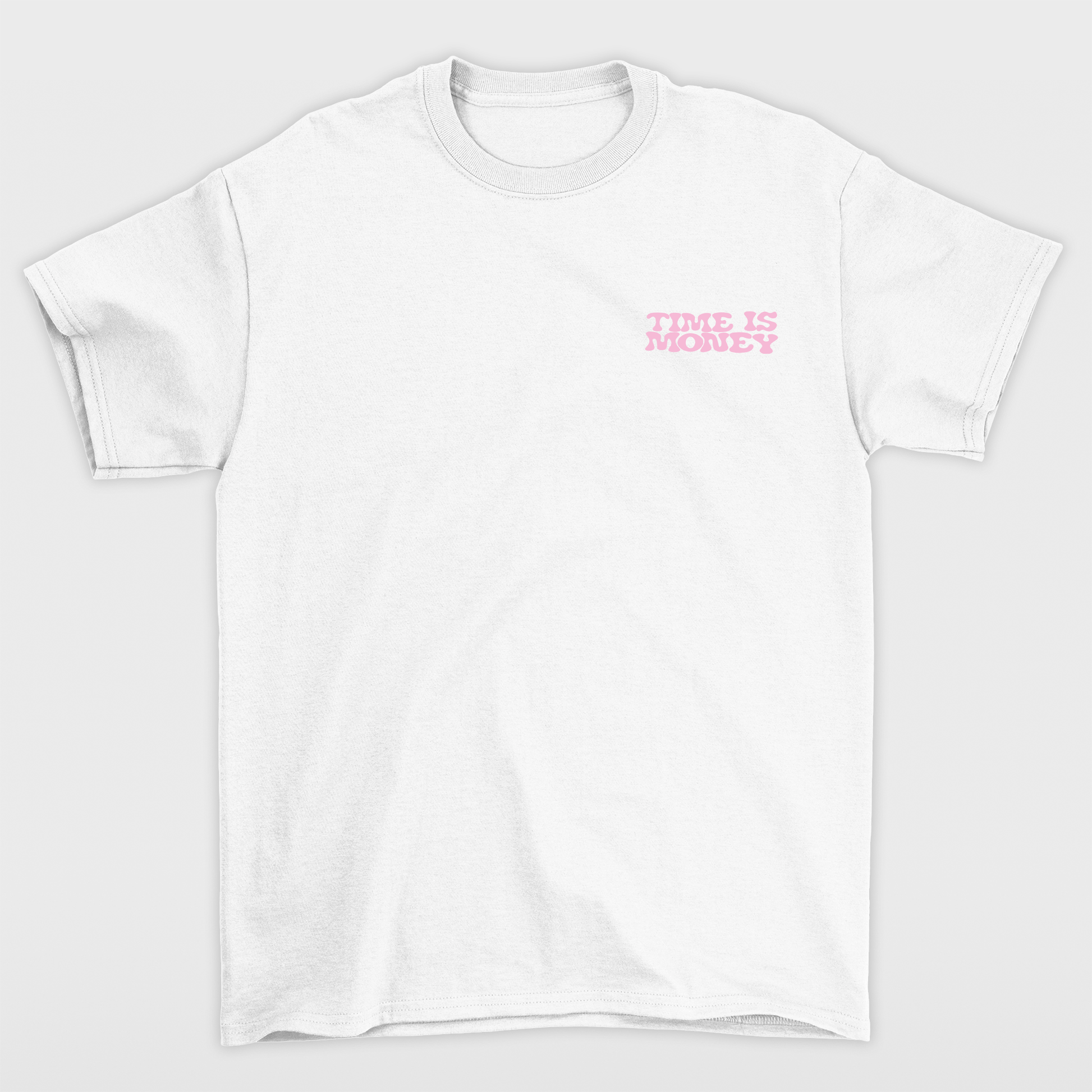 Camiseta Básica branco frente Unissex Com Estampa Tempo É dinheiro Rostos