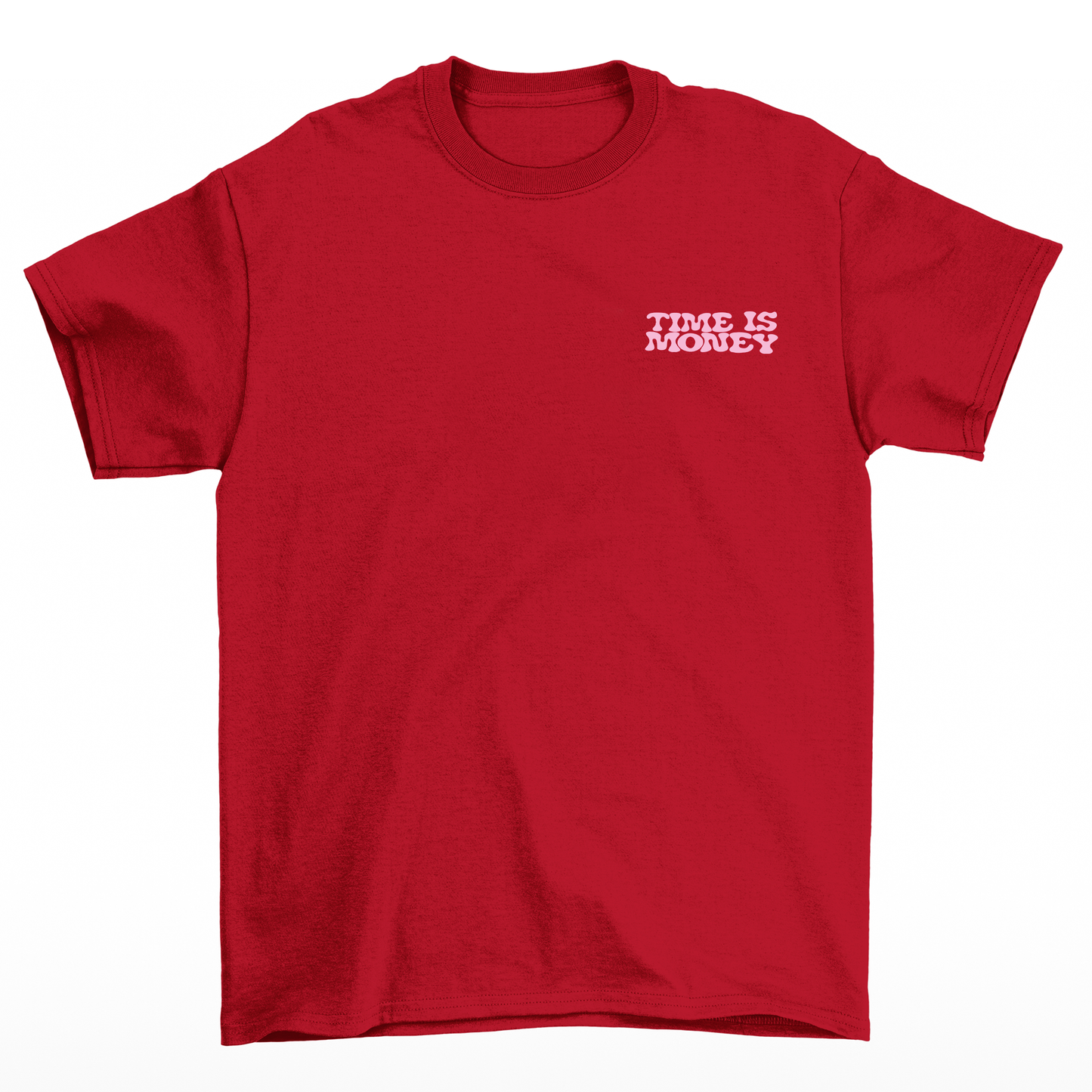 Camiseta Básica vermelho frente Unissex Com Estampa Tempo É dinheiro Rostos