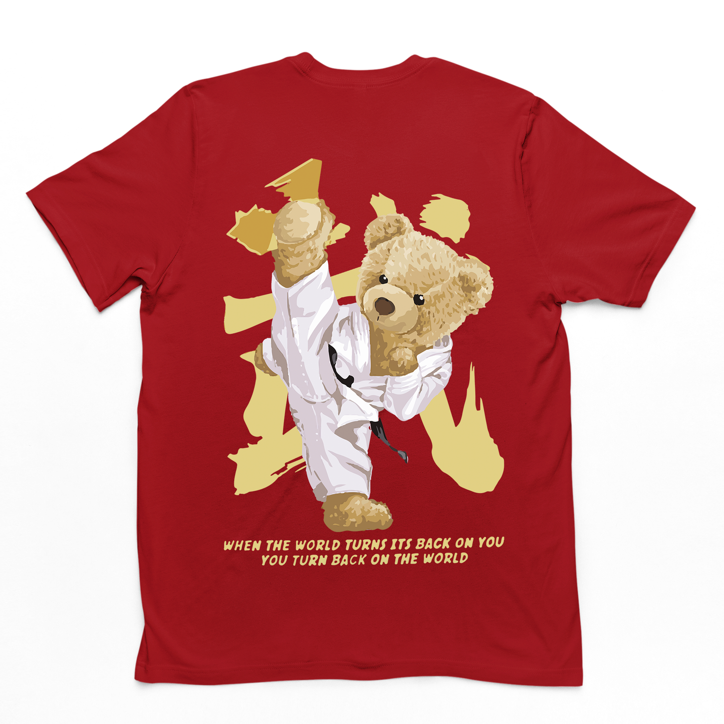 camiseta básica vermelho com estampa ursinho kung fu