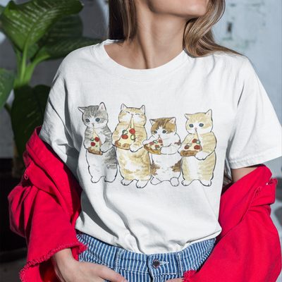 Camiseta Básica Com Estampa Gatinhos Comendo Pizza- Branco