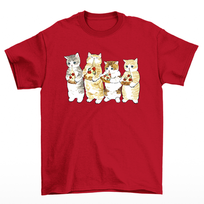 Camiseta Básica Com Estampa Gatinhos Comendo Pizza- Vermelho