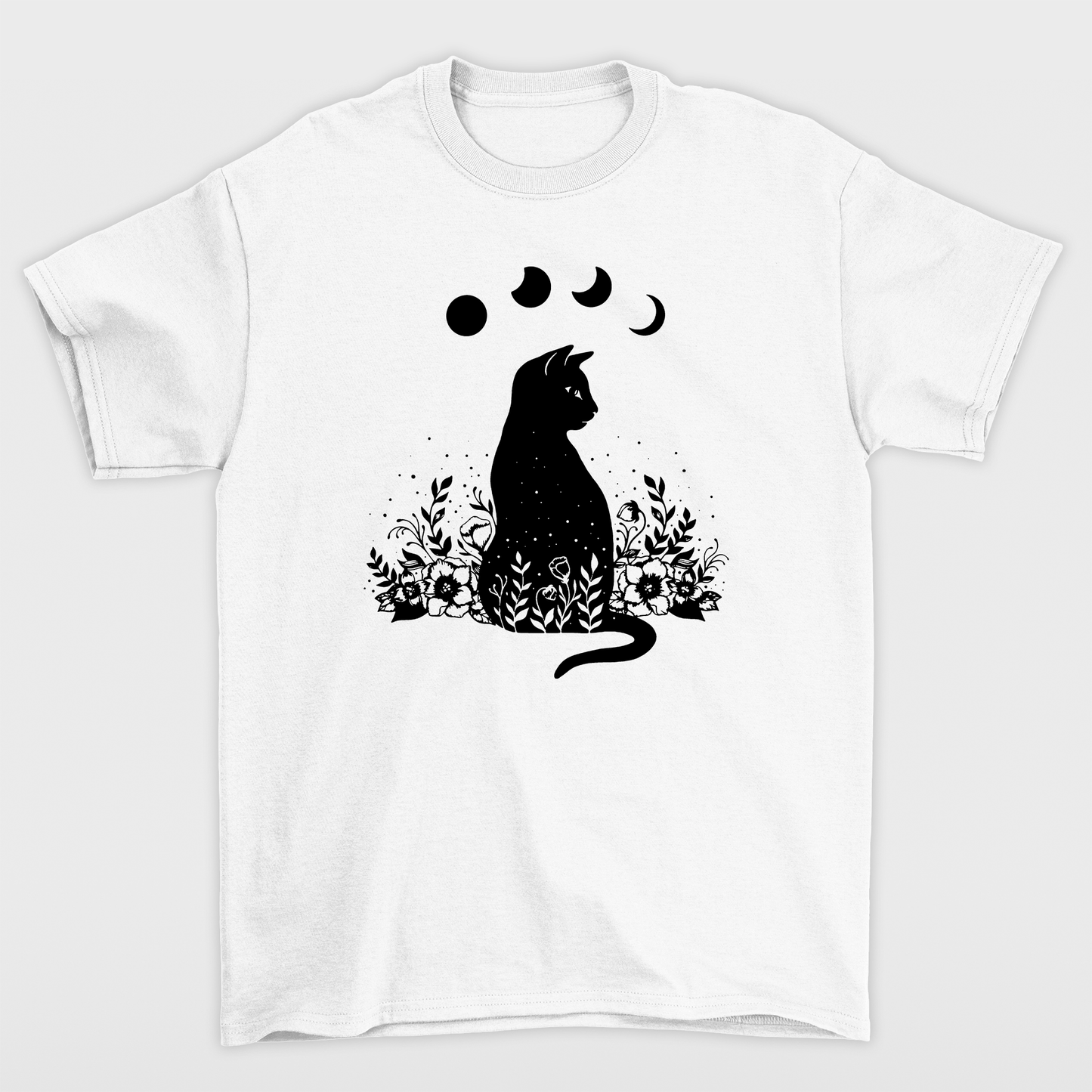 camiseta Básica Com Estampa Gato Preto Luas- Branco