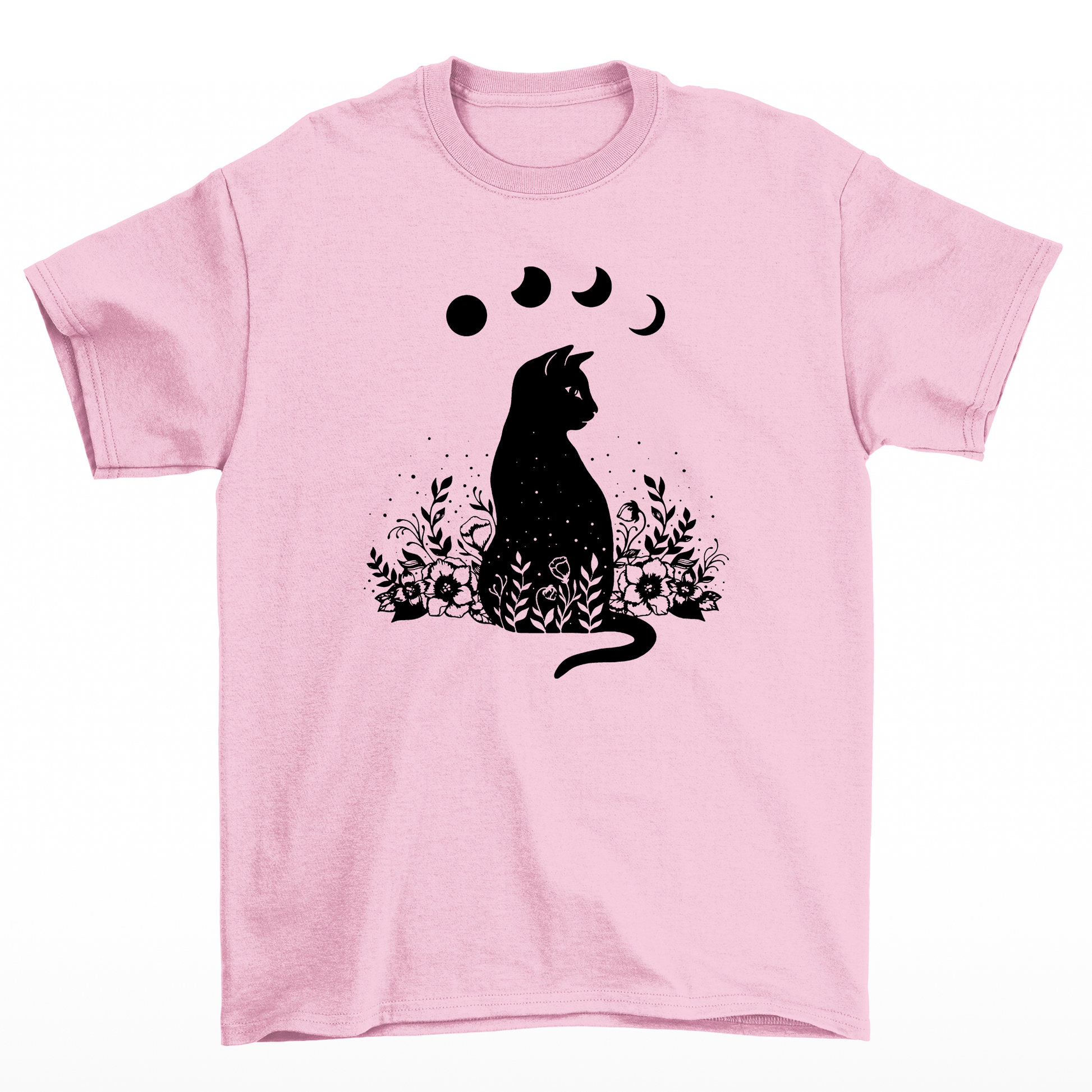 camiseta Básica Com Estampa Gato Preto Luas- Rosa bebe