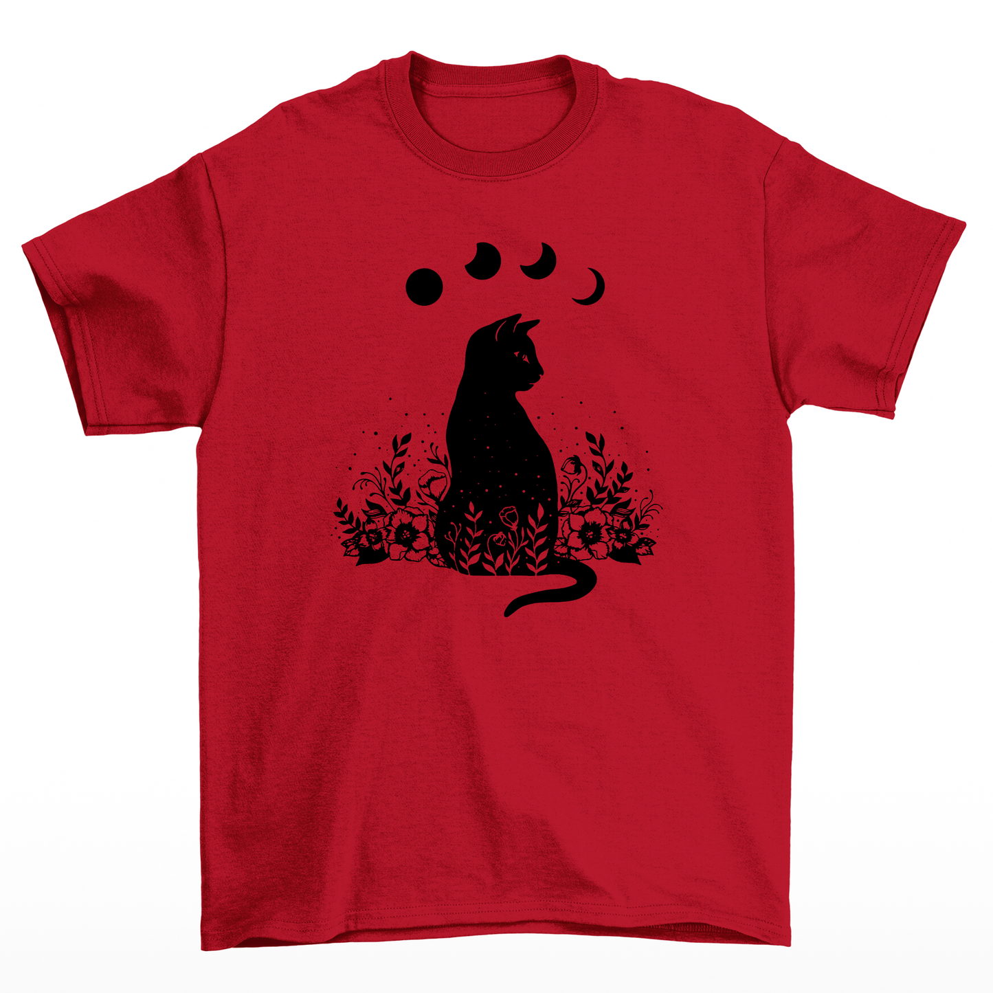 camiseta Básica Com Estampa Gato Preto Luas- Vermelho