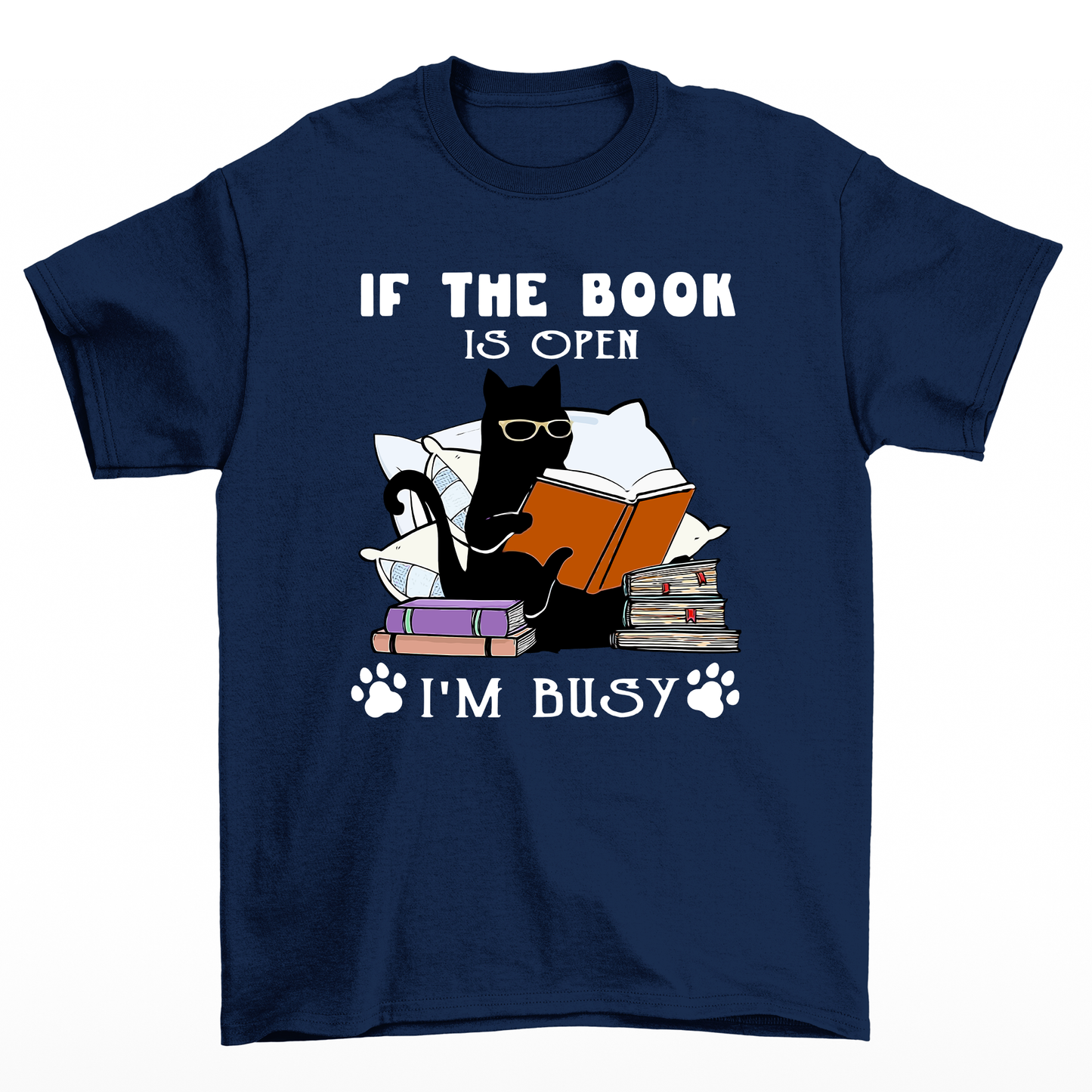 Camiseta Básica Com Estampa Gatinho Preto Lendo Livro- Azul-marinho