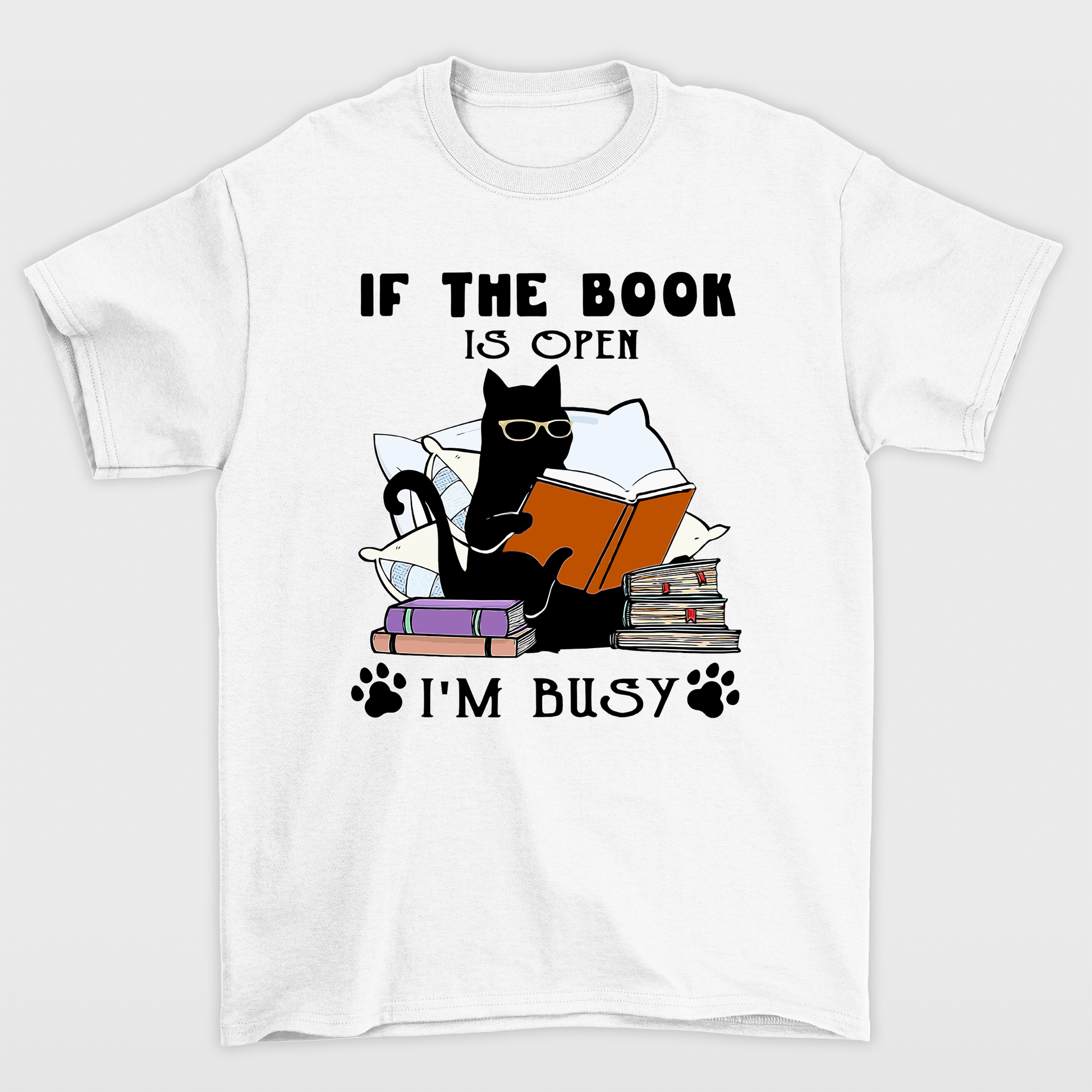 Camiseta Básica Com Estampa Gatinho Preto Lendo Livro- Branco