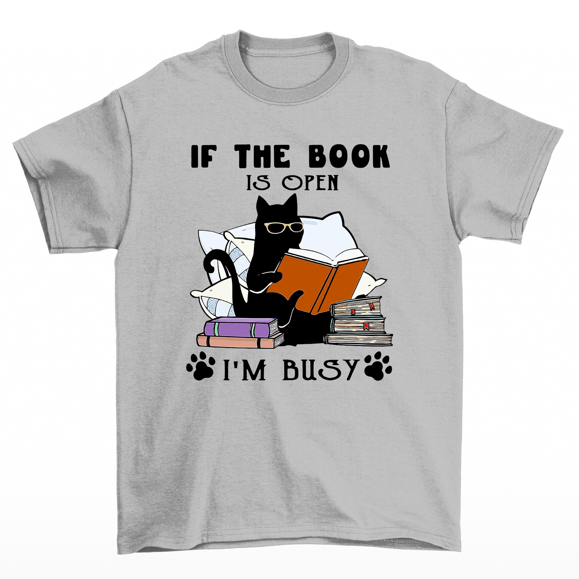 Camiseta Básica Com Estampa Gatinho Preto Lendo Livro- Cinza