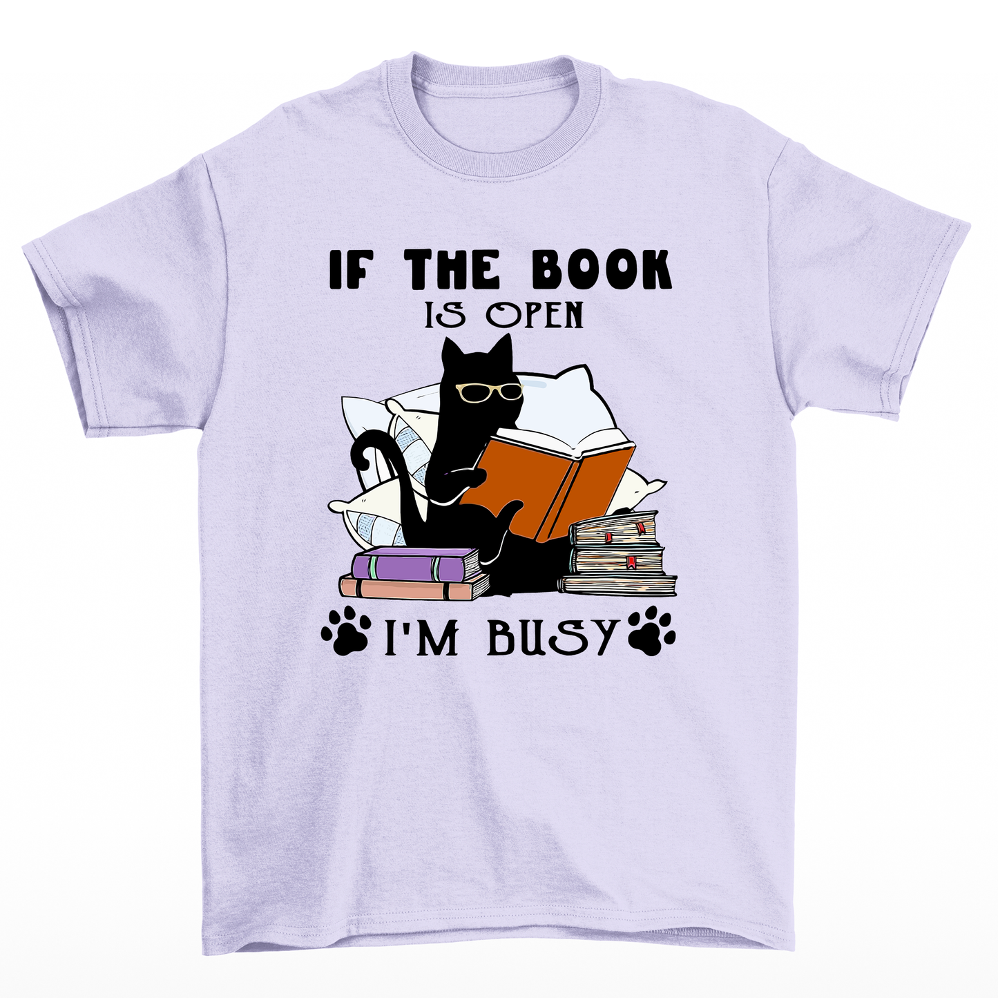 Camiseta Básica Com Estampa Gatinho Preto Lendo Livro- Lilás