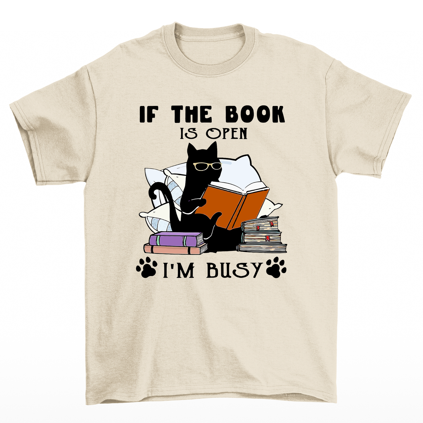 Camiseta Básica Com Estampa Gatinho Preto Lendo Livro- Pérola