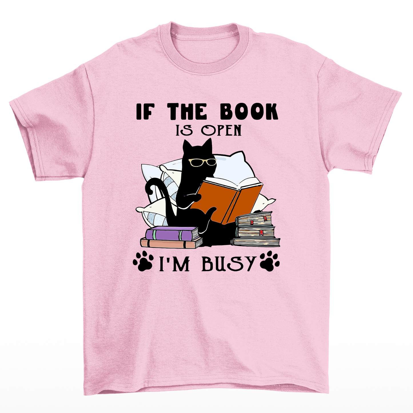 Camiseta Básica Com Estampa Gatinho Preto Lendo Livro- Rosa bebe