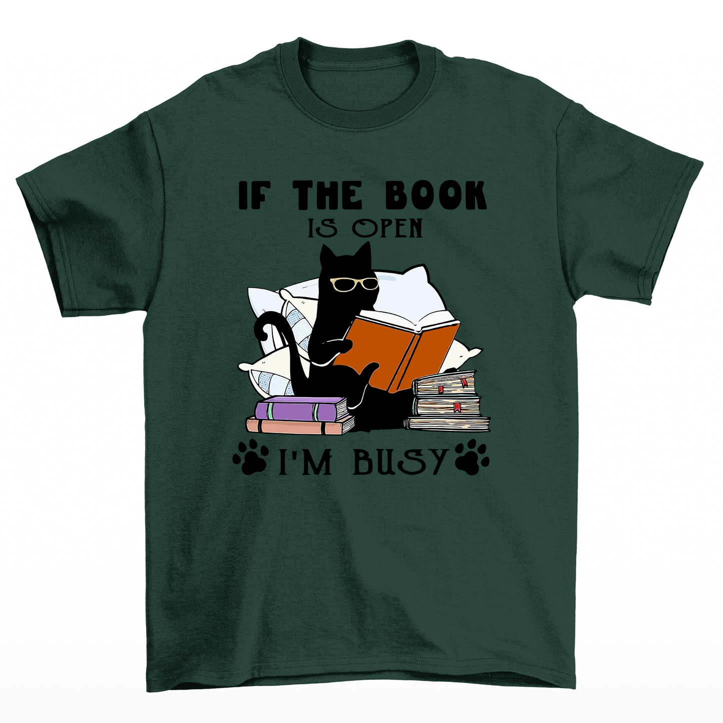 Camiseta Básica Com Estampa Gatinho Preto Lendo Livro- Verde