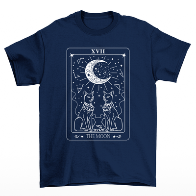 Camiseta Básica Feminina Com Estampa Carta Tarô Gatos Na Lua- AZUL-MARINHO