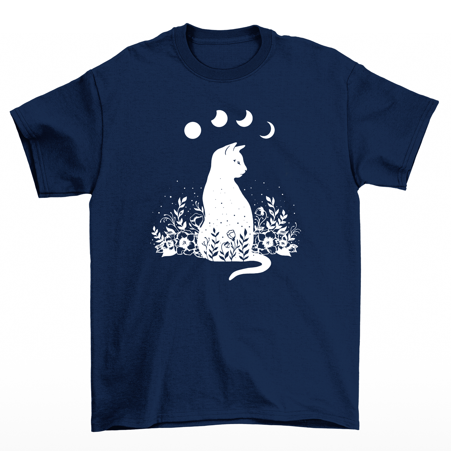 camiseta Básica Com Estampa Gato Preto Luas- Azul-marinho