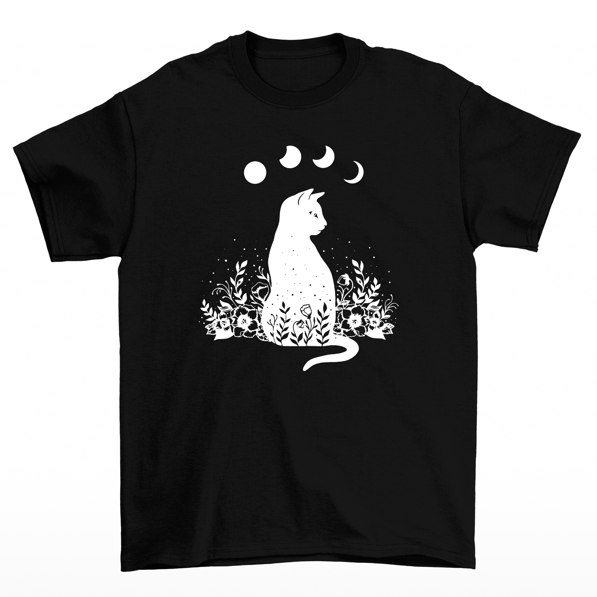 camiseta Básica Com Estampa Gato Preto Luas- Preto