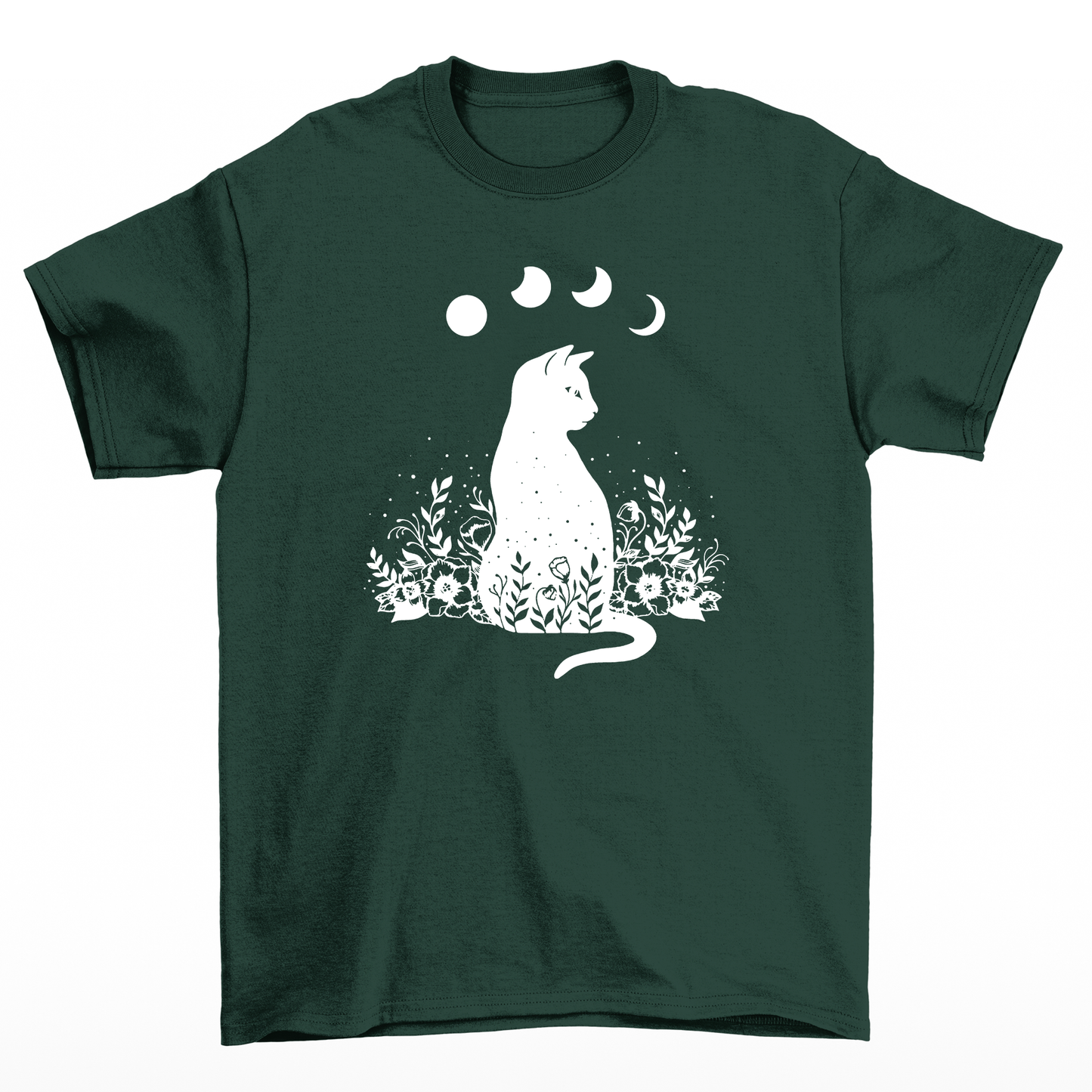 camiseta Básica Com Estampa Gato Preto Luas- Verde