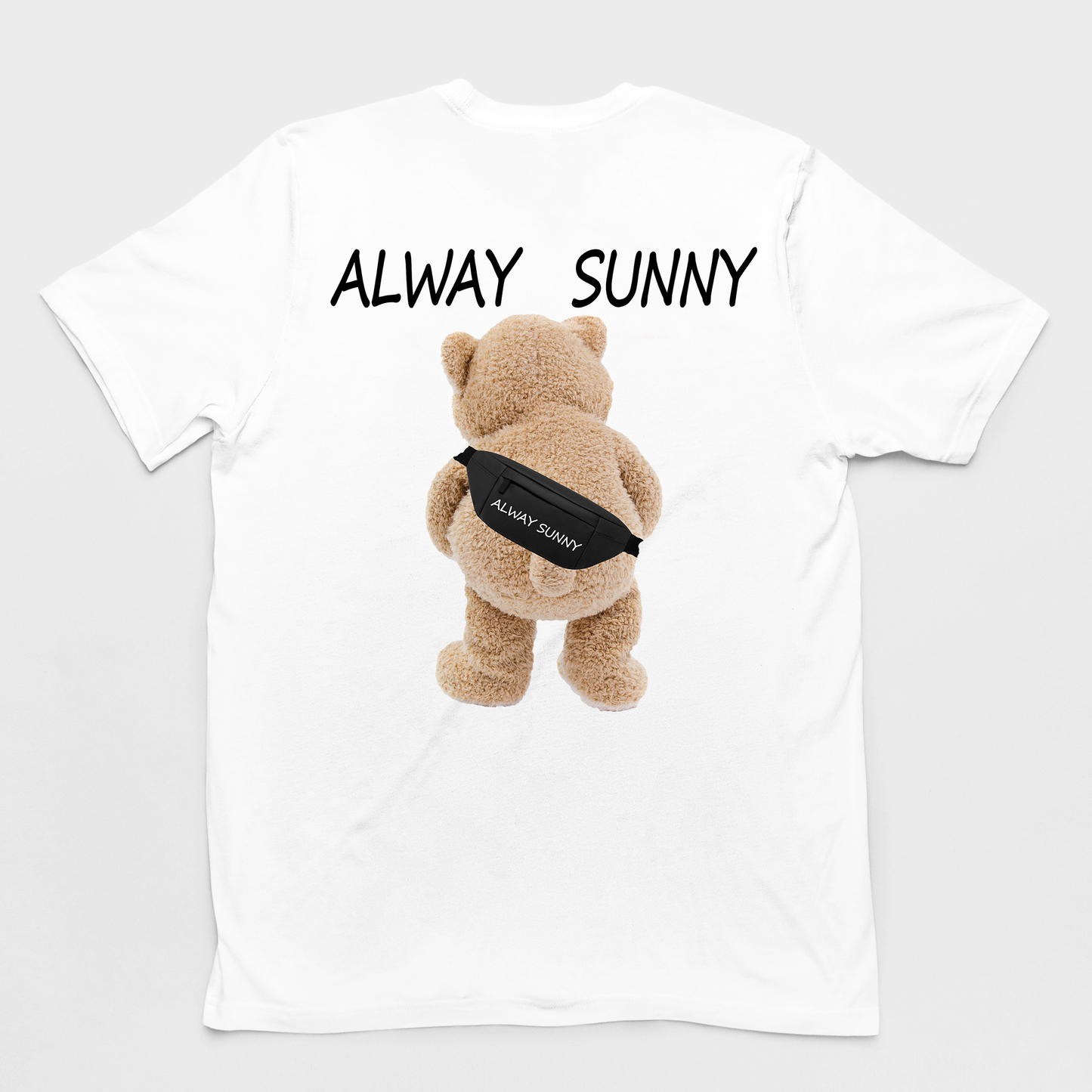 camiseta basica branca estampa de urso always sunny