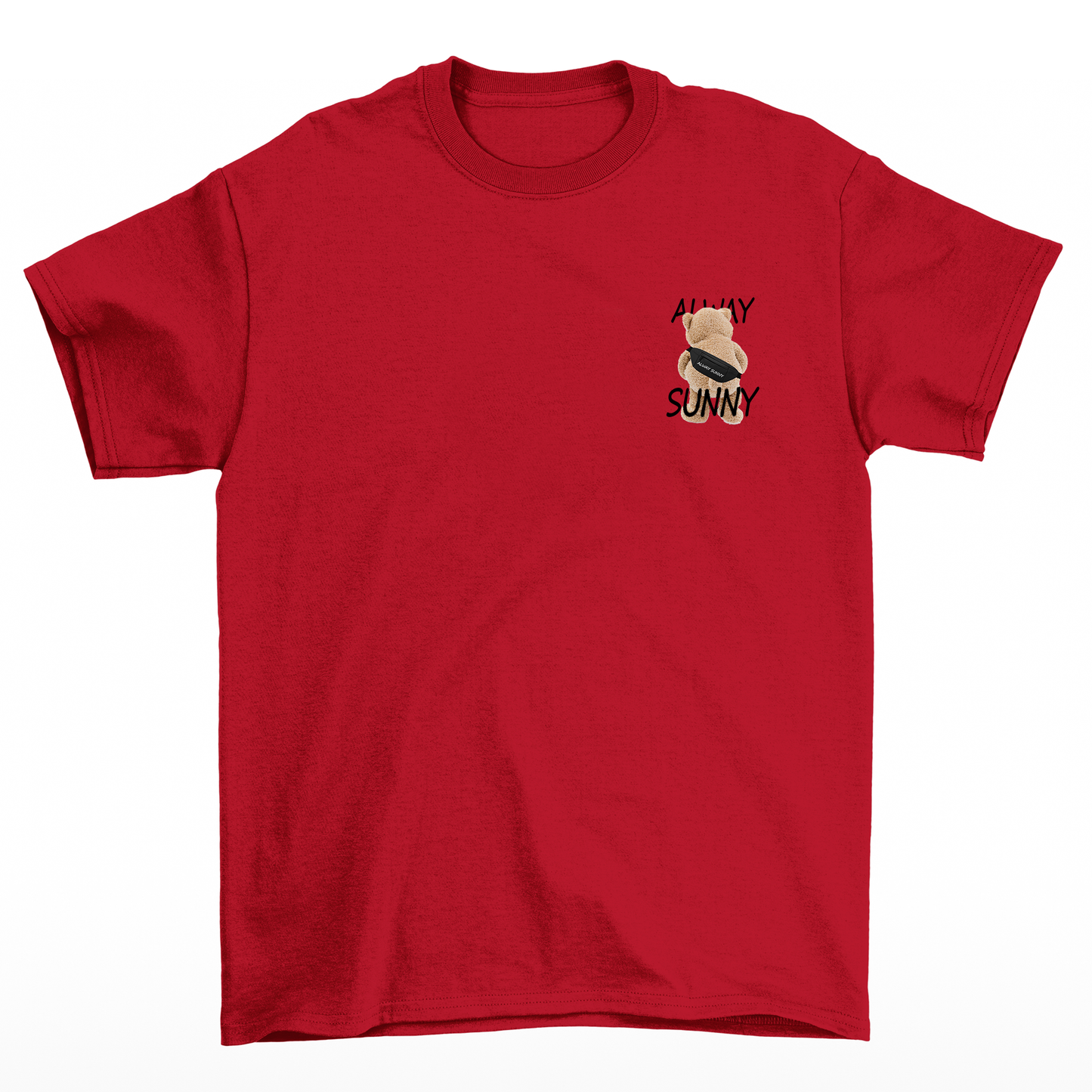 camiseta basica vermelha estampa de urso always sunny