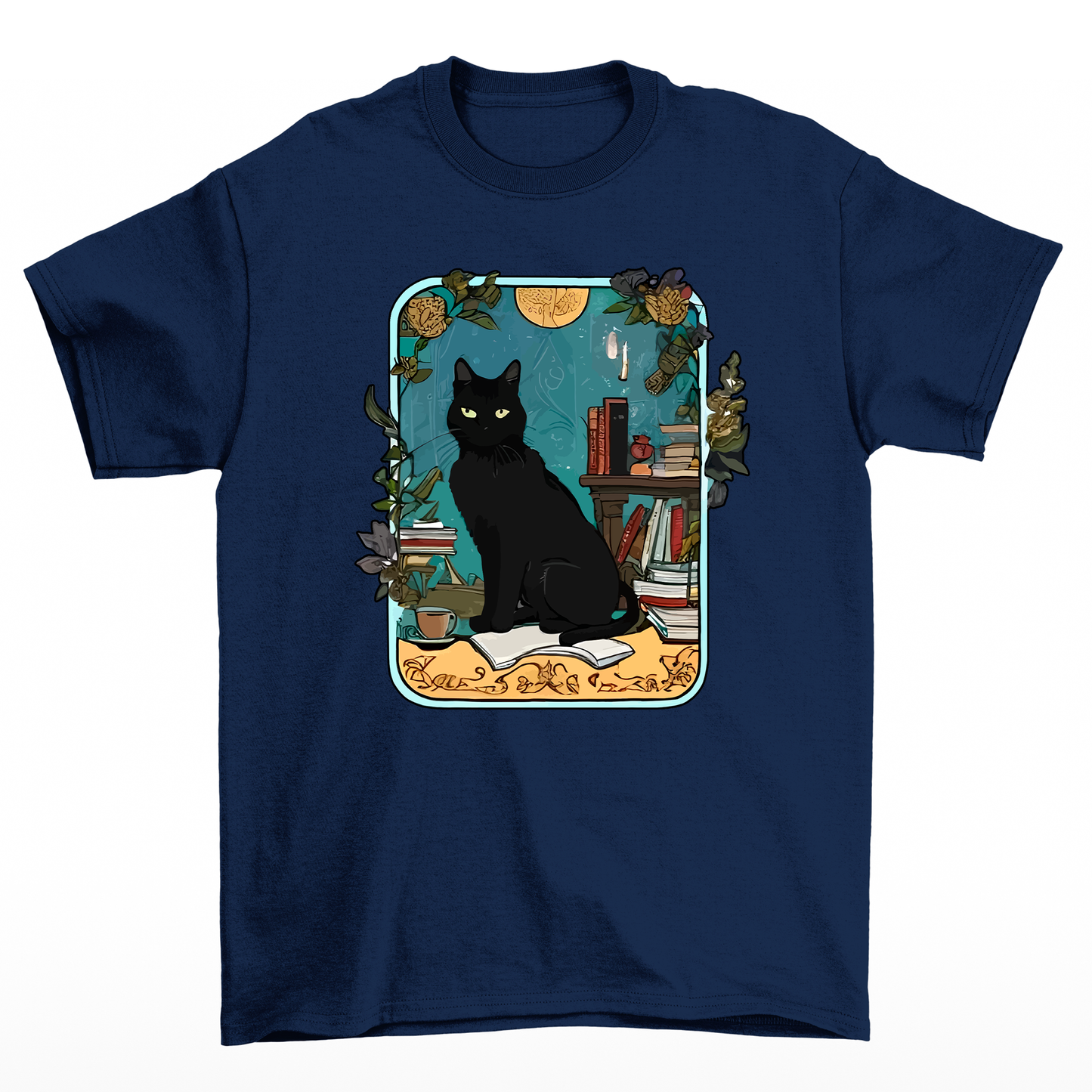 Camiseta Básica COm Estampa Gatinho Preto Prateleira De Livros- Azul-marinho