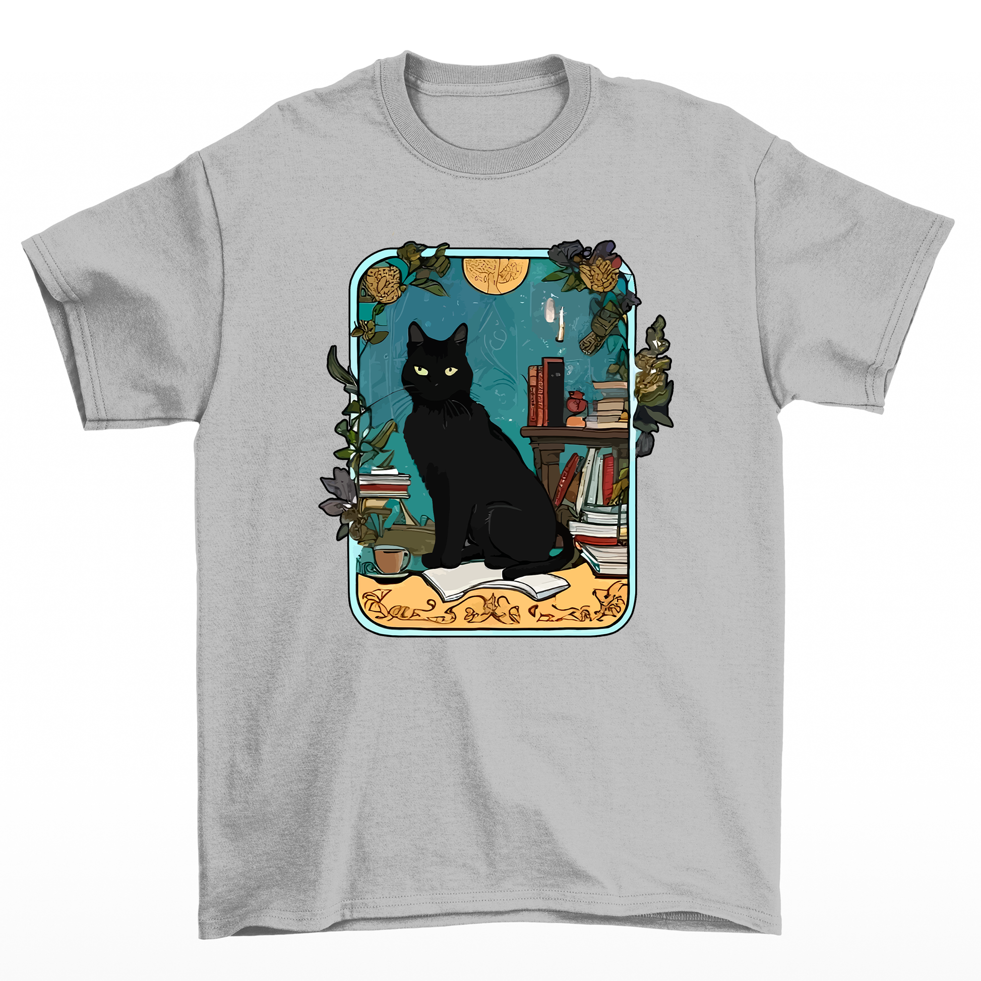 Camiseta Básica COm Estampa Gatinho Preto Prateleira De Livros- Cinza