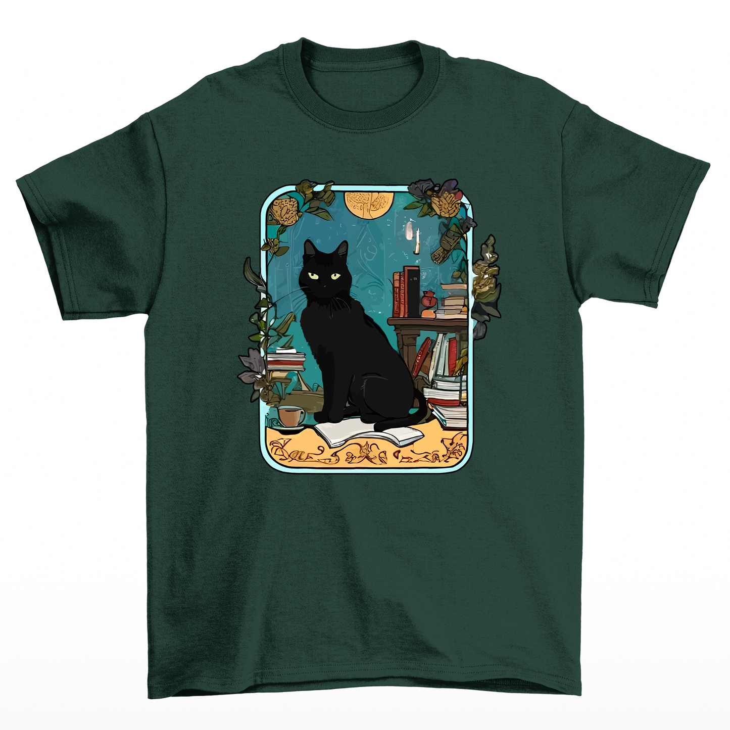 Camiseta Básica COm Estampa Gatinho Preto Prateleira De Livros- Verde