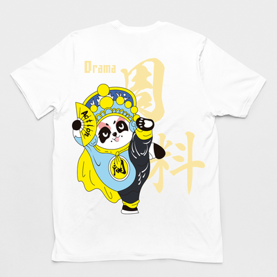 camiseta básica com estampa leque panda escrito drama em cima